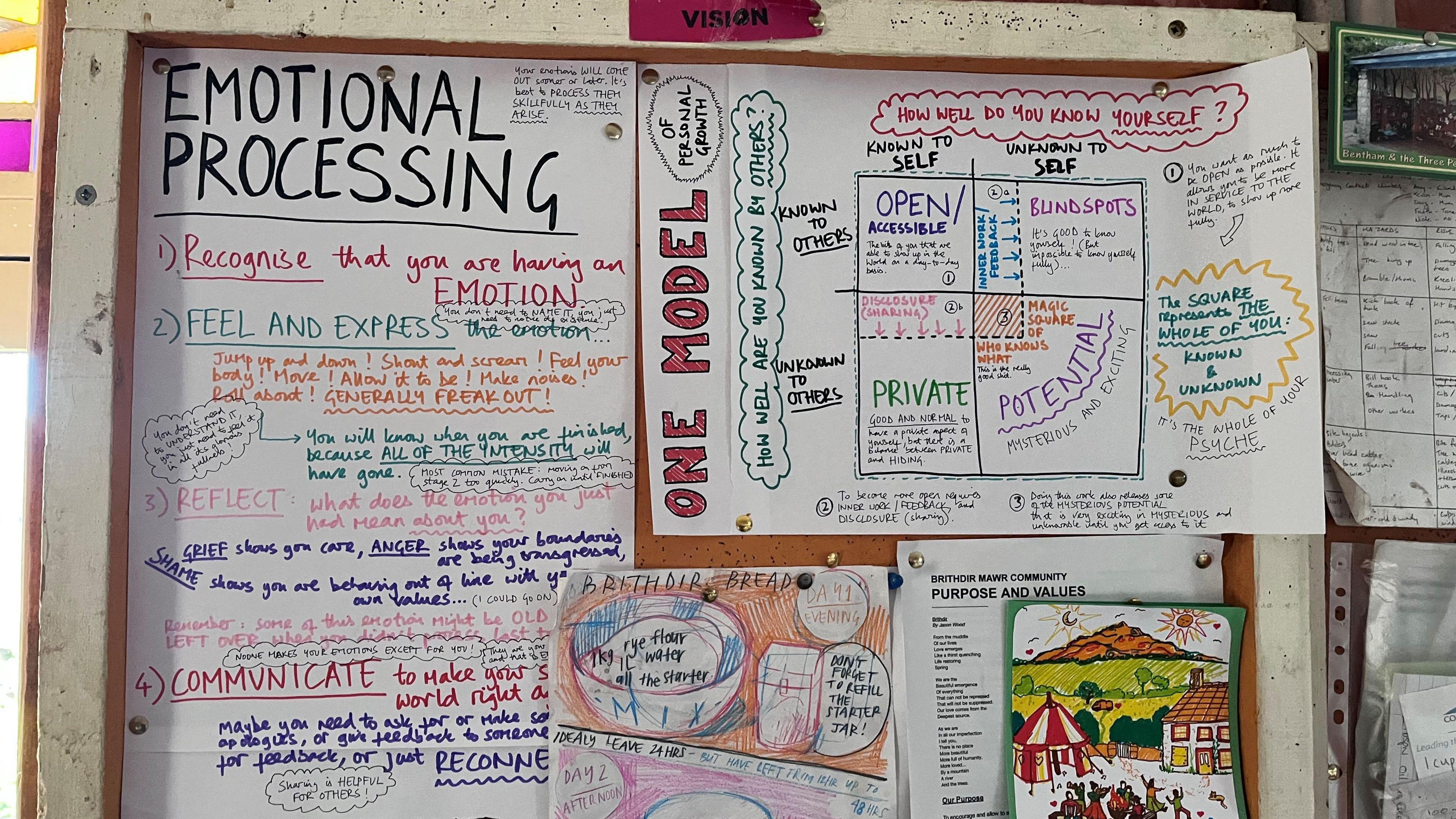 A notice board reminding the community of its shared values with headings such as  "emotional processing" and "how well do you know yourself?"