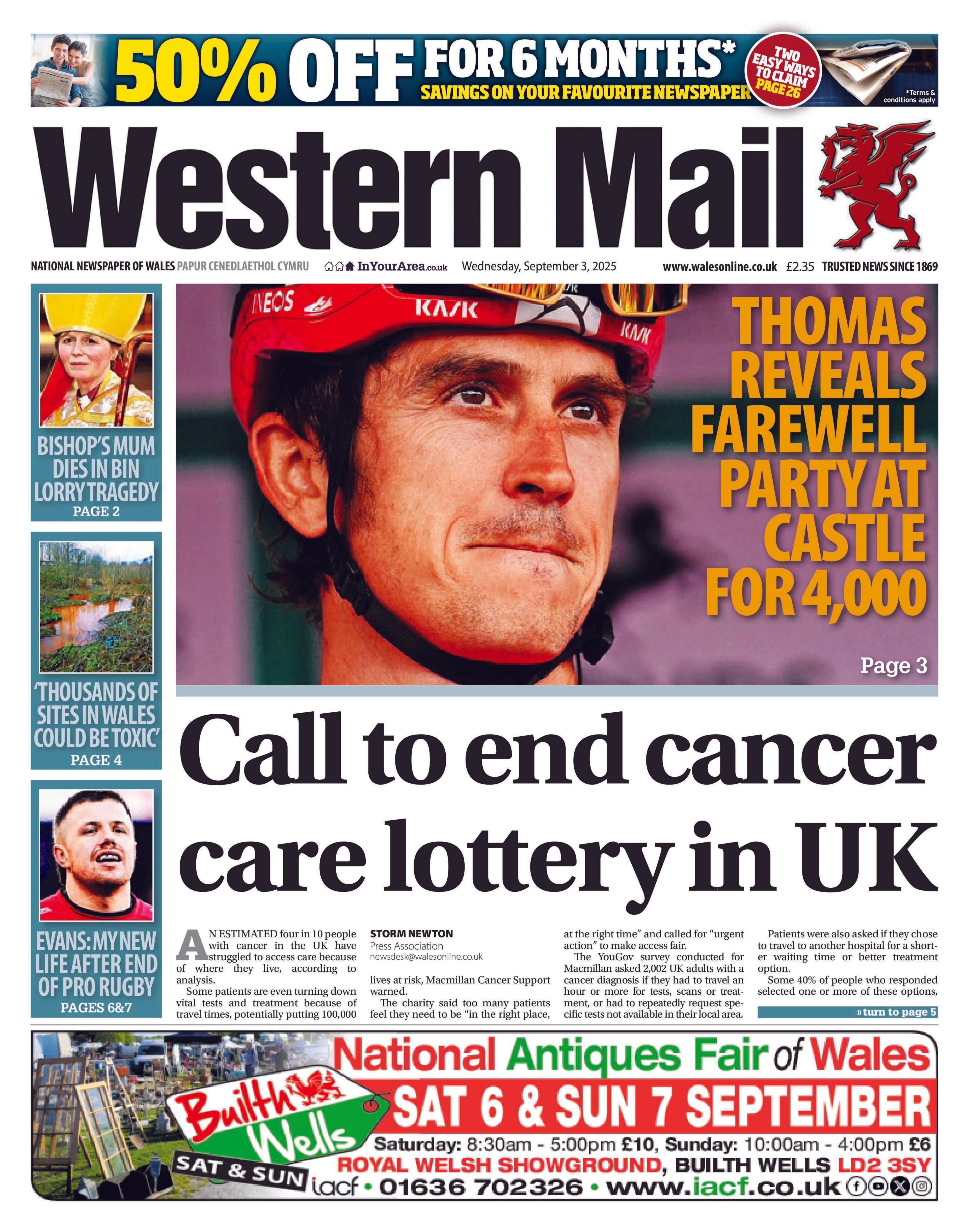 Western Mail front page with image of Geraint Thomas and headline Thomas reveals farewell party at castle for £4,000 and top story headline below "call to end cancer care lottery in UK"