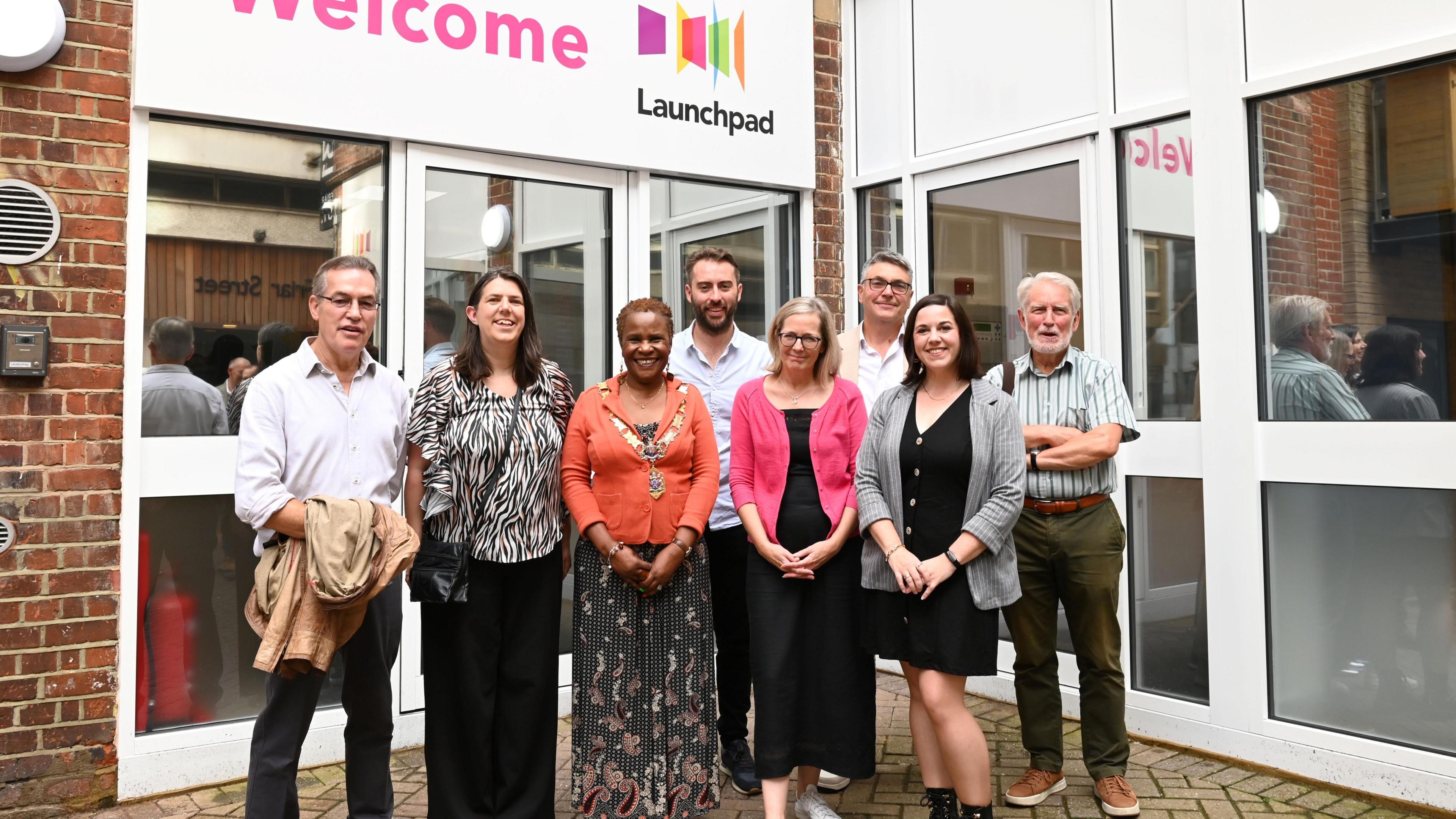 from left to right Ian Haslam, Fiona Hammond, Dr Alice Mpofu-Coles, Mayor of Reading Stephen Poland, Business supporter Su Hamblyn, CEO of Launchpad,Bill Montague, Hannah Powell, chair of Launchpad Trustees Richard Bennett, Deputy Lieutenants for the Royal County of Berkshire