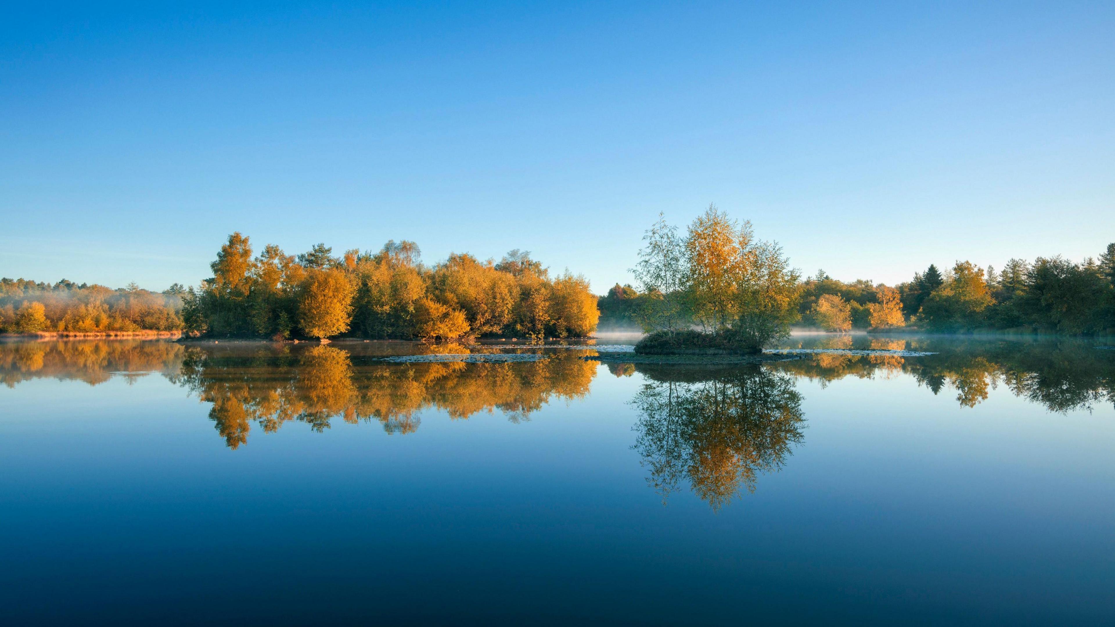 Woorgreens Lake Nature Reserve in the Forest of Dean on an autumn day, with mist lingering around islands full of trees in the middle of the water