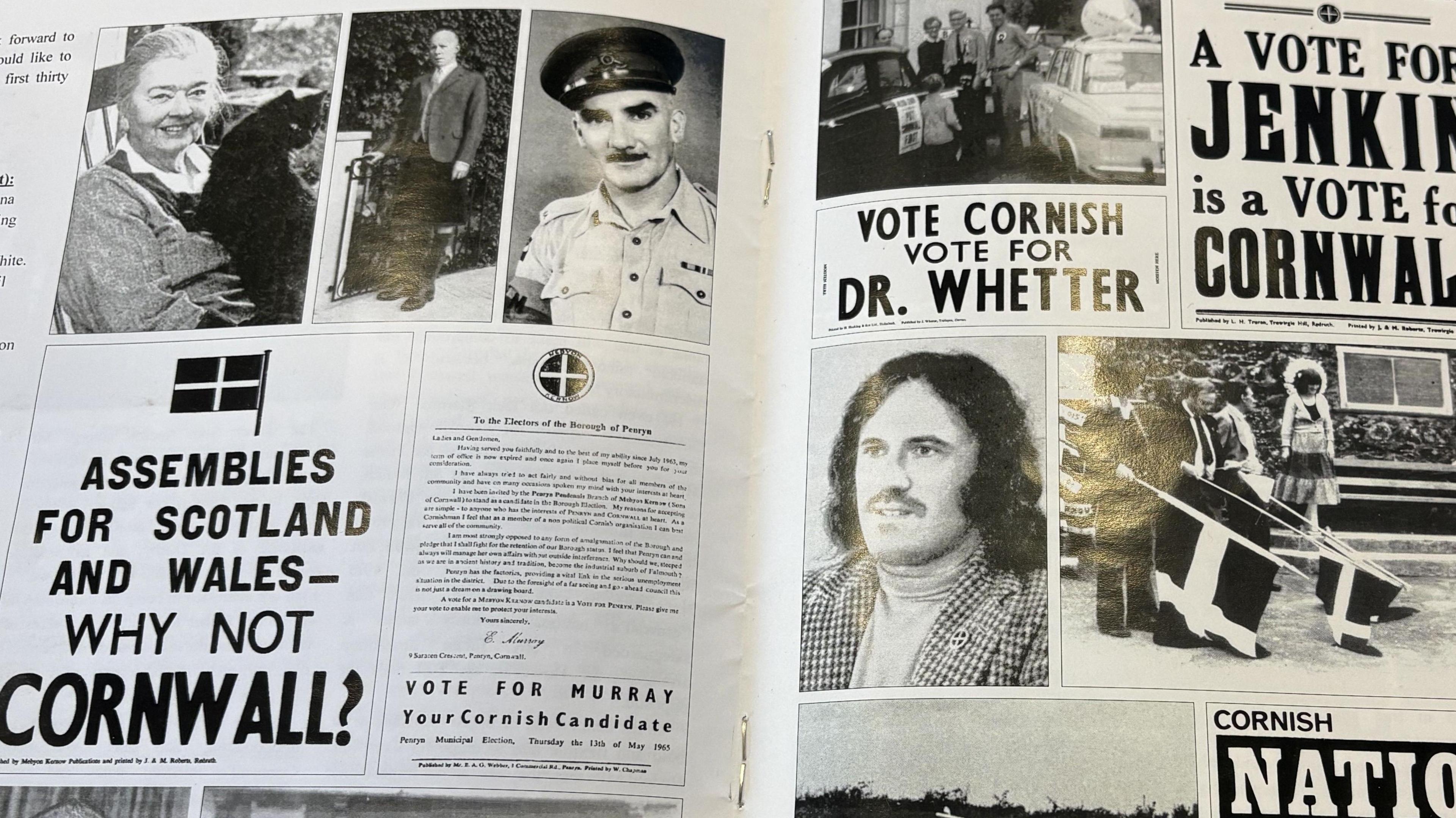 The inside of a magazine showing off various black and white pictures of notable Mebyon Kernow campaign adverts and photos of prominent party figures. 