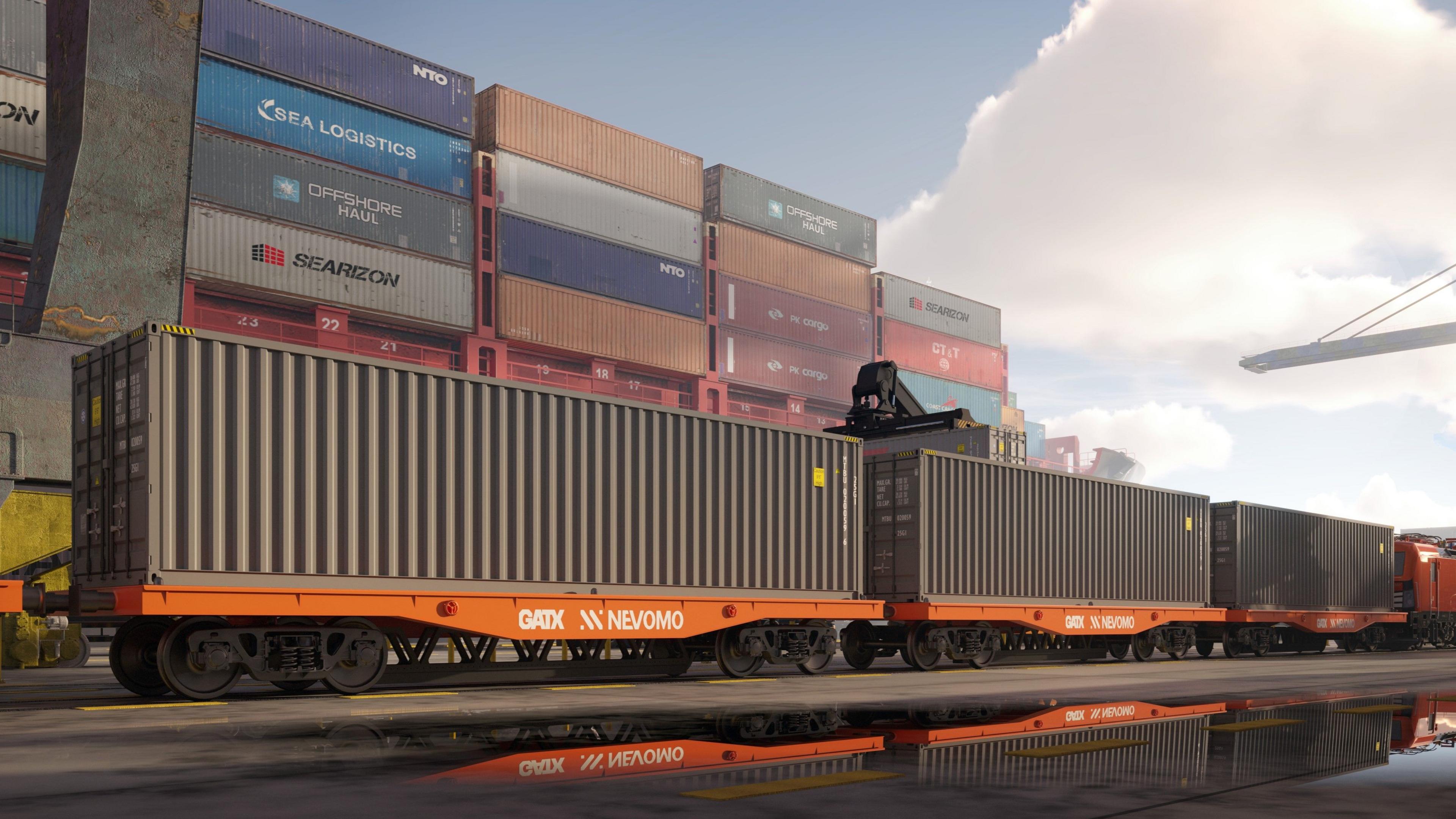 Containers on railway rail cars at a port