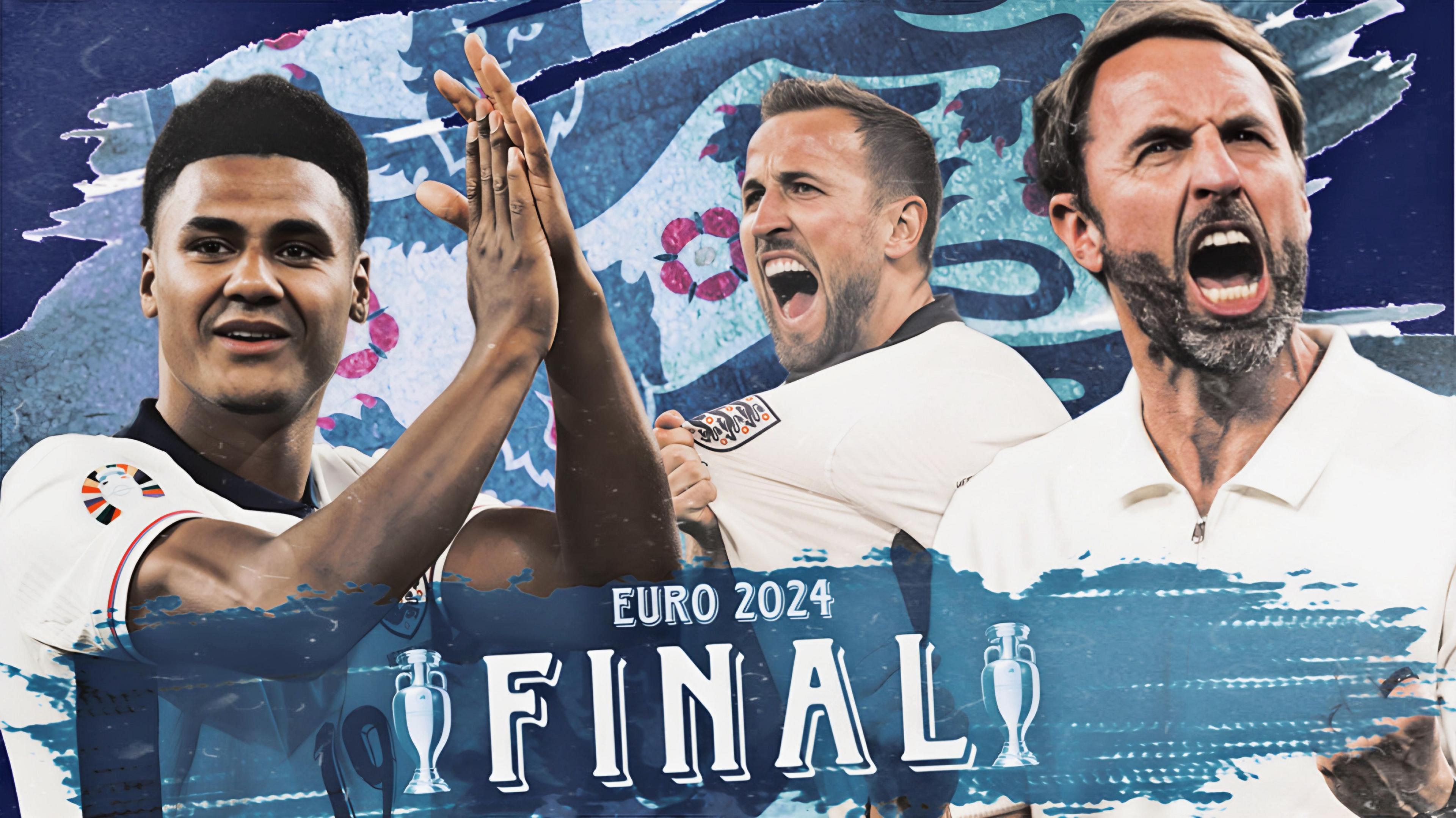 Watkins, Kane and Southgate with text reading Euro2024 Final. 