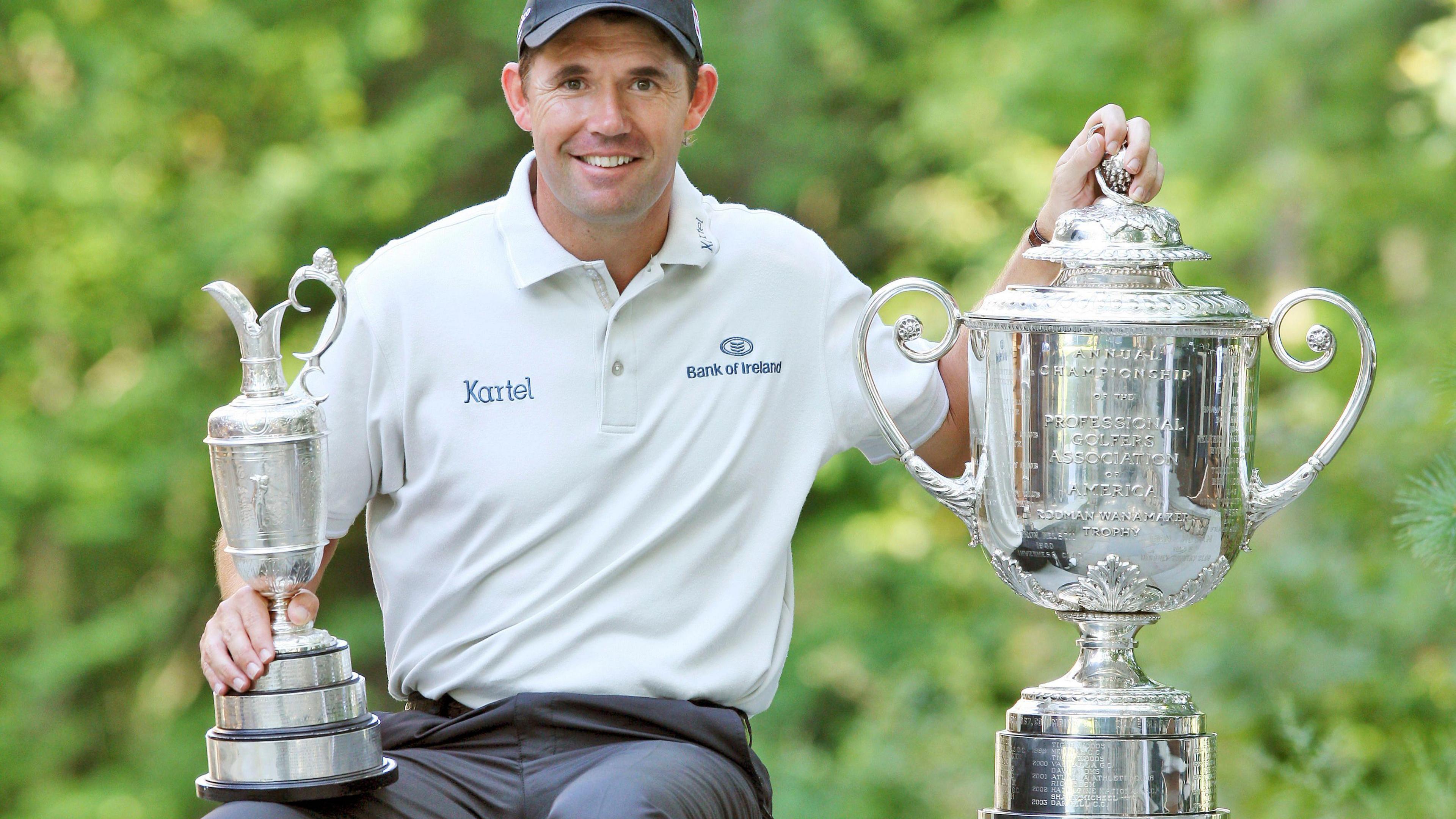 Padraig Harrington with the Claret Jug and Wannamaker Trophy after winning The Open and US PGA Championship in 2008