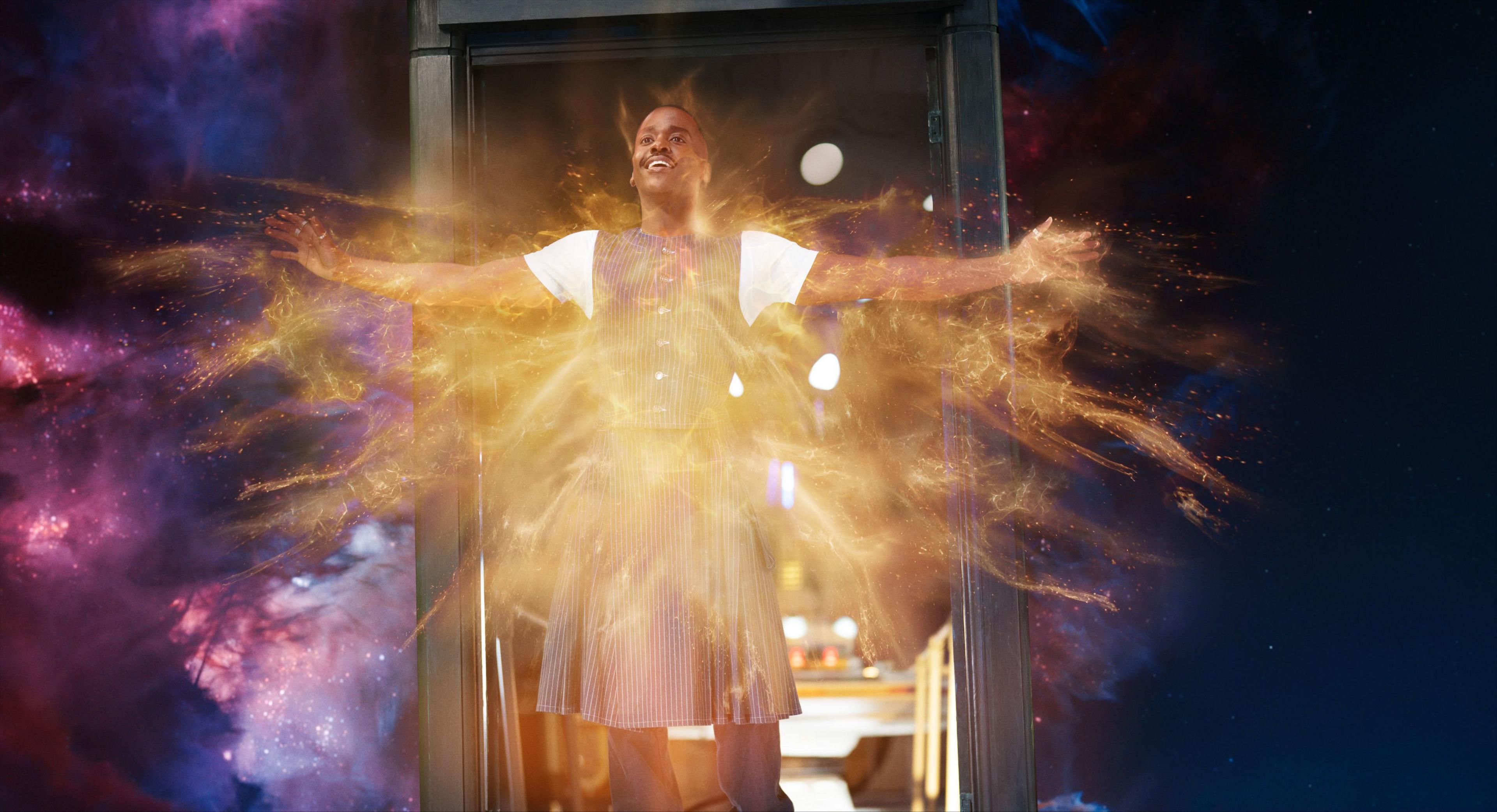 Ncuti Gatwa regenerating into Billie Piper (not seen) at the end of the last series of Doctor Who