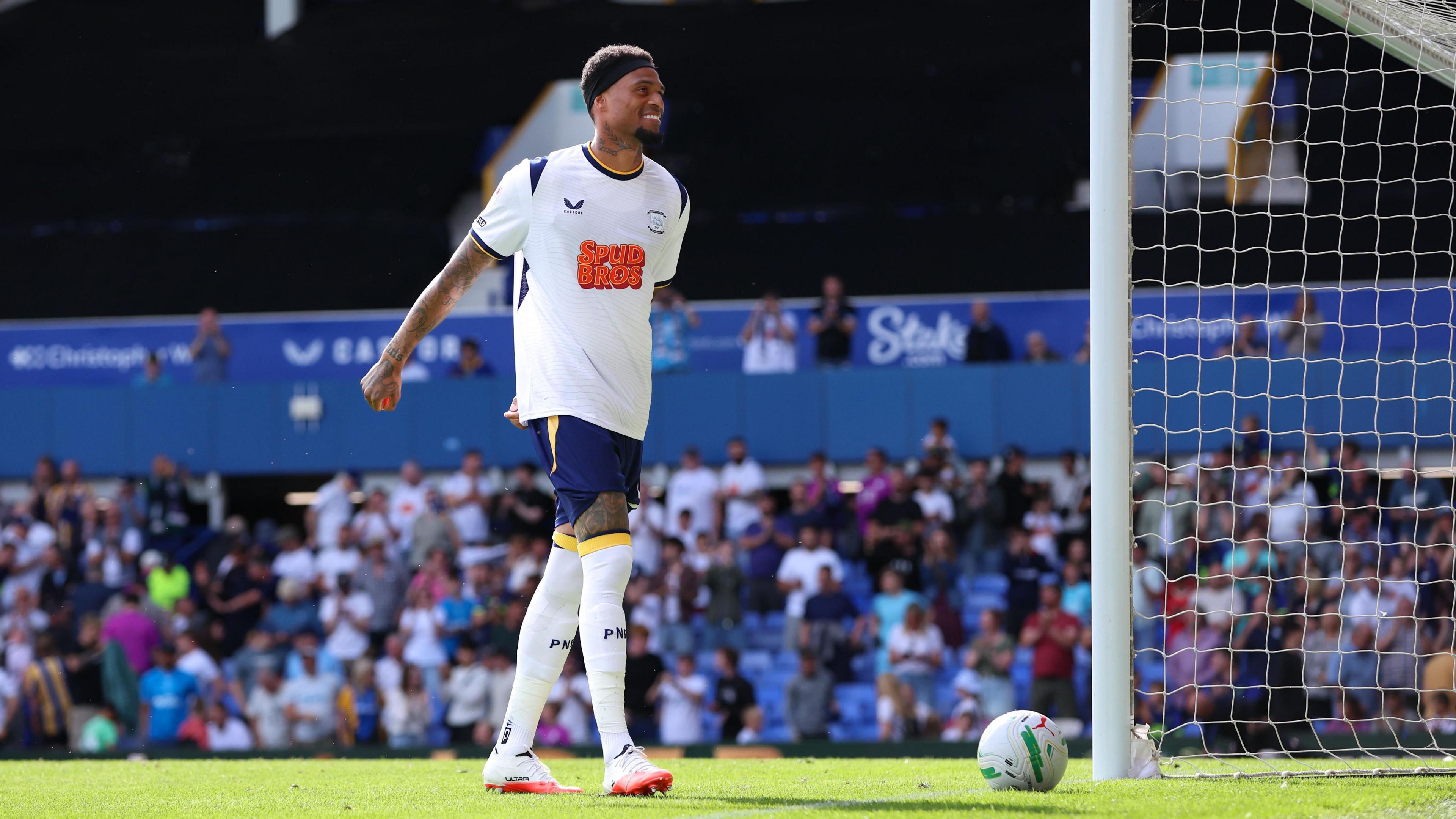 Delano Burgzorg celebrates scoring from the penalty spot for Preston North End