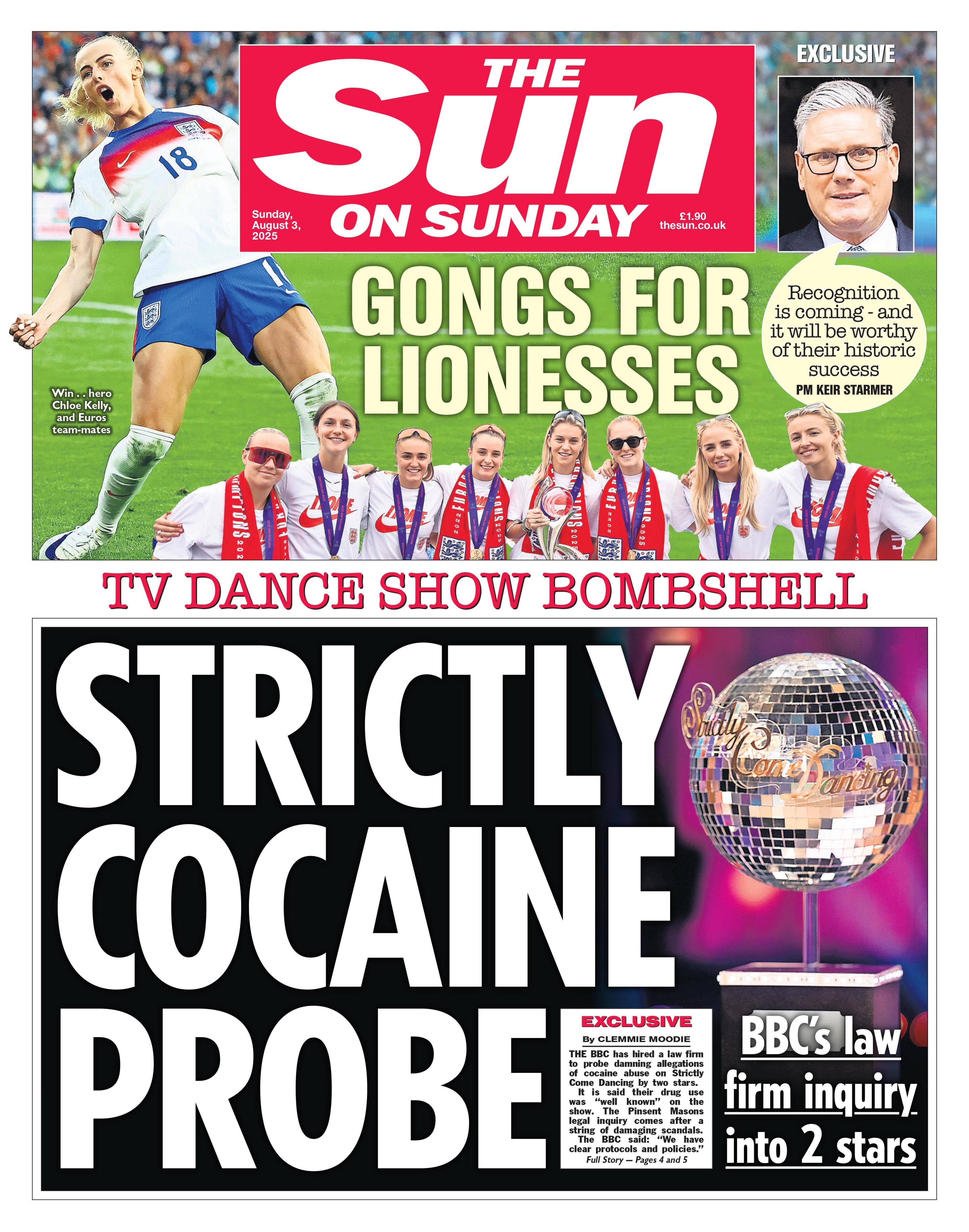 "Strictly cocaine probe" reads the headline on the front page of The Sun.