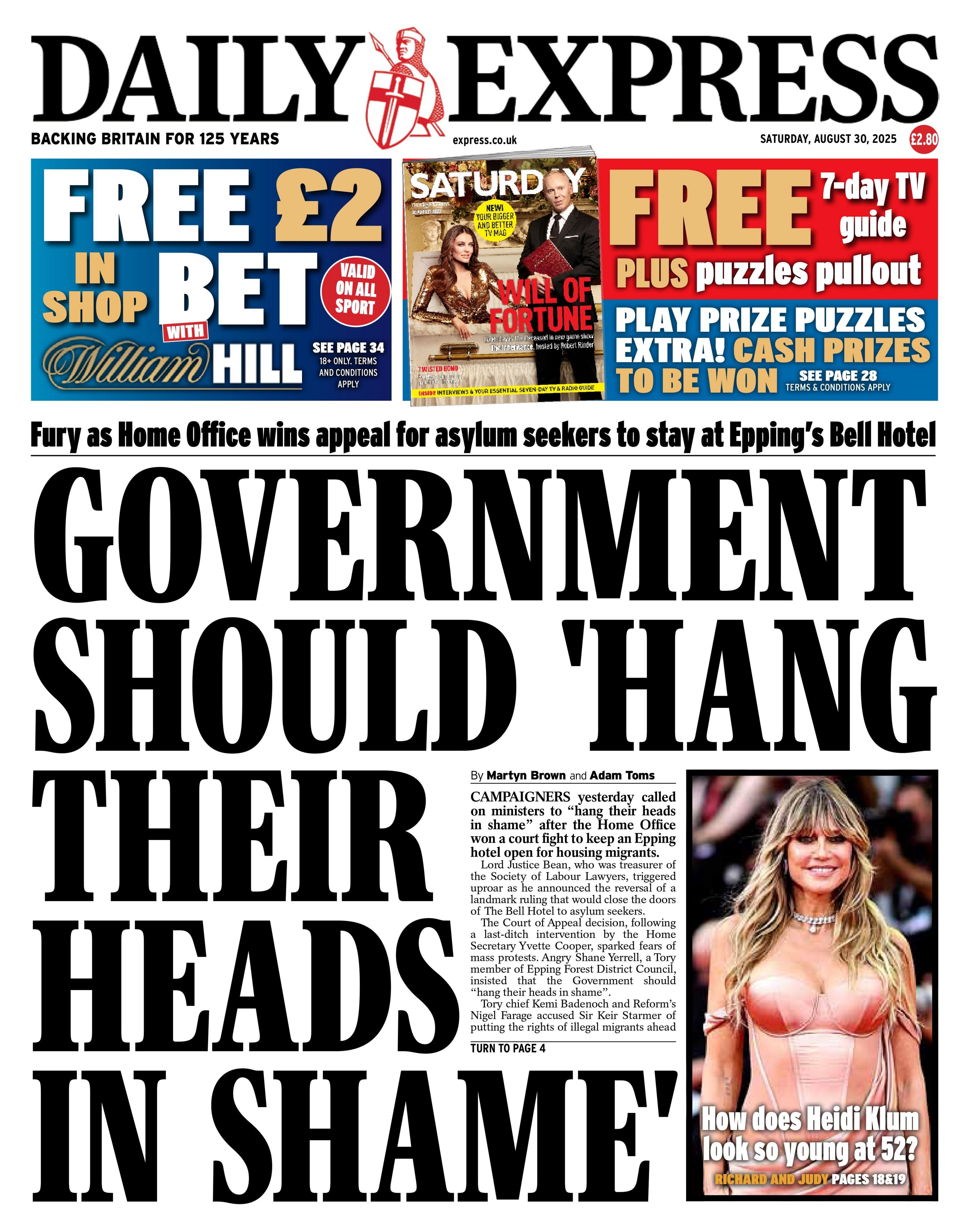 The headline on the front page of the Daily Express reads: "Government should 'hang their heads in shame'".