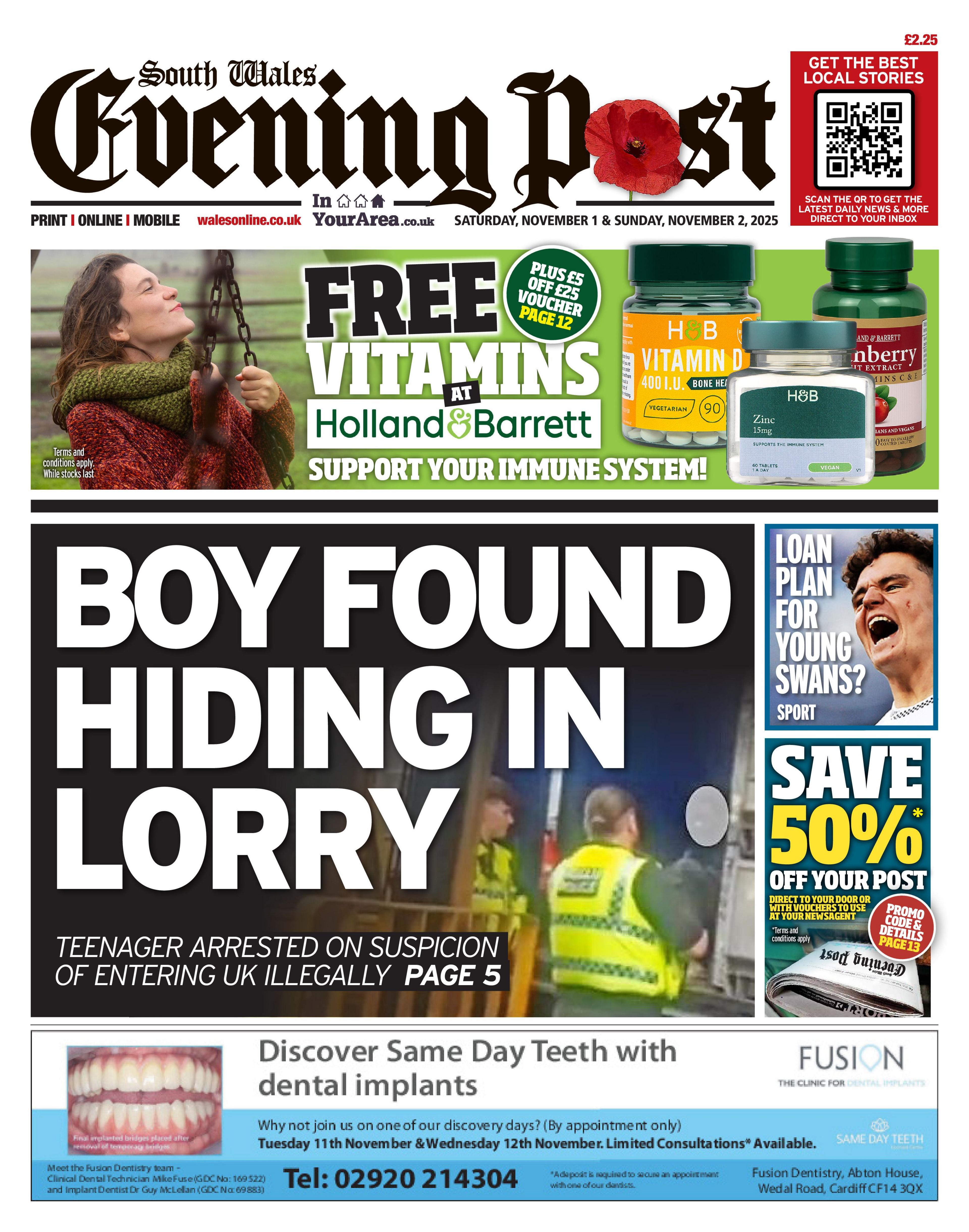 Main headline: Boy found hiding in lorry; Teenager arrested on suspicion of entering UK illegally. Next to photo of police officers inspecting the back of a lorry.