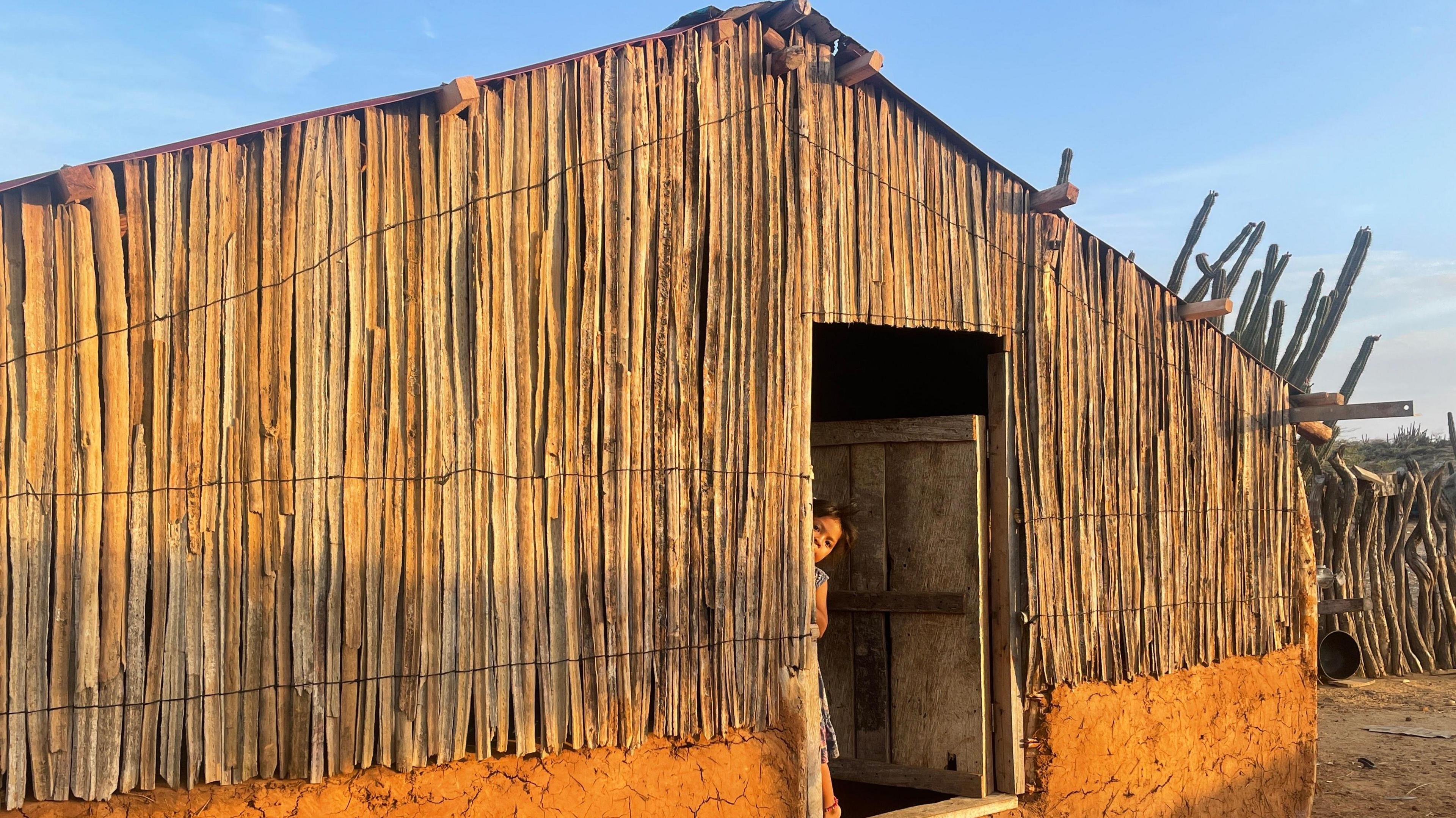 A young Wayuu girl standing in the door of a traditional home