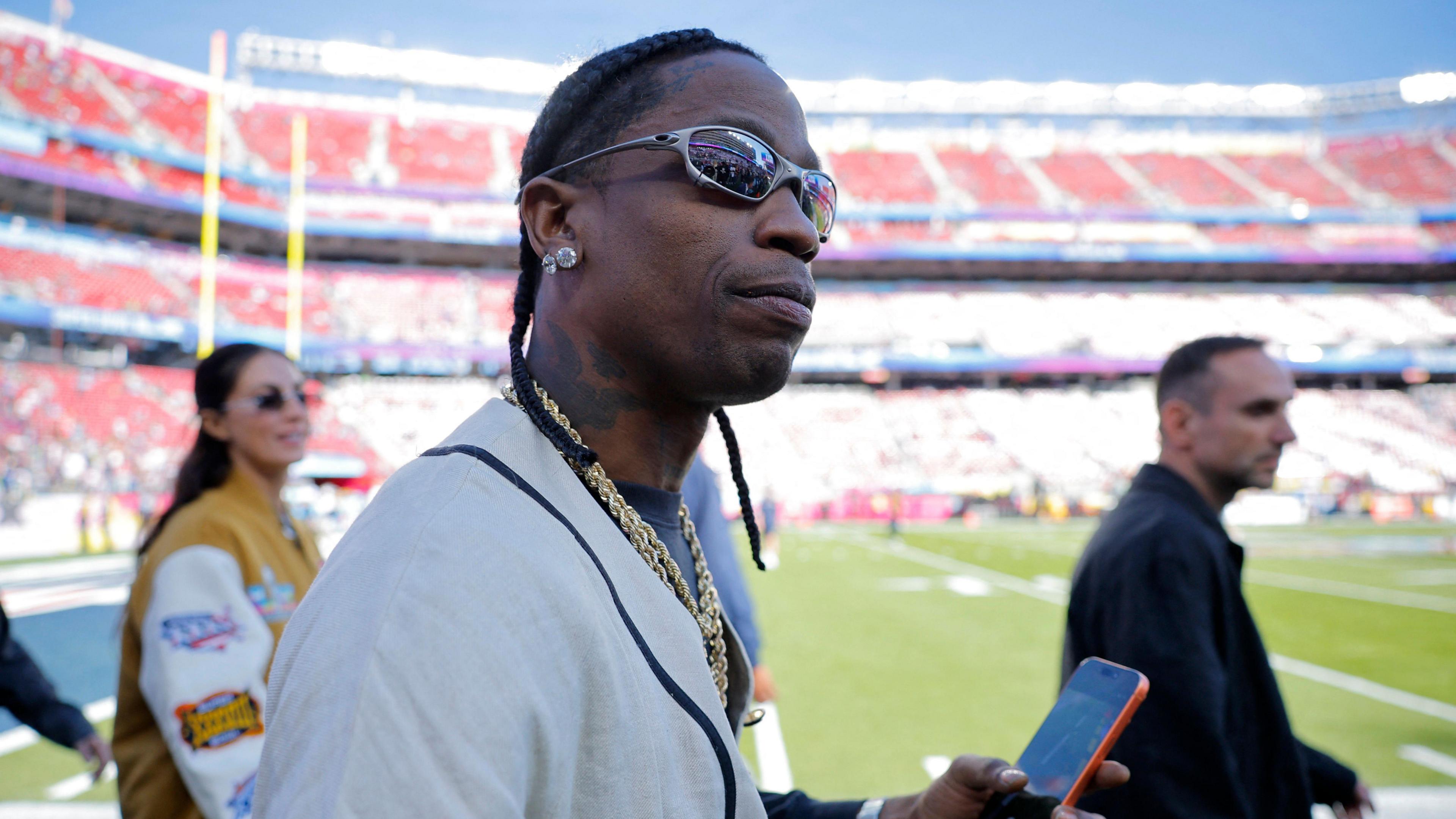 Travis Scott arriving at the Super Bowl