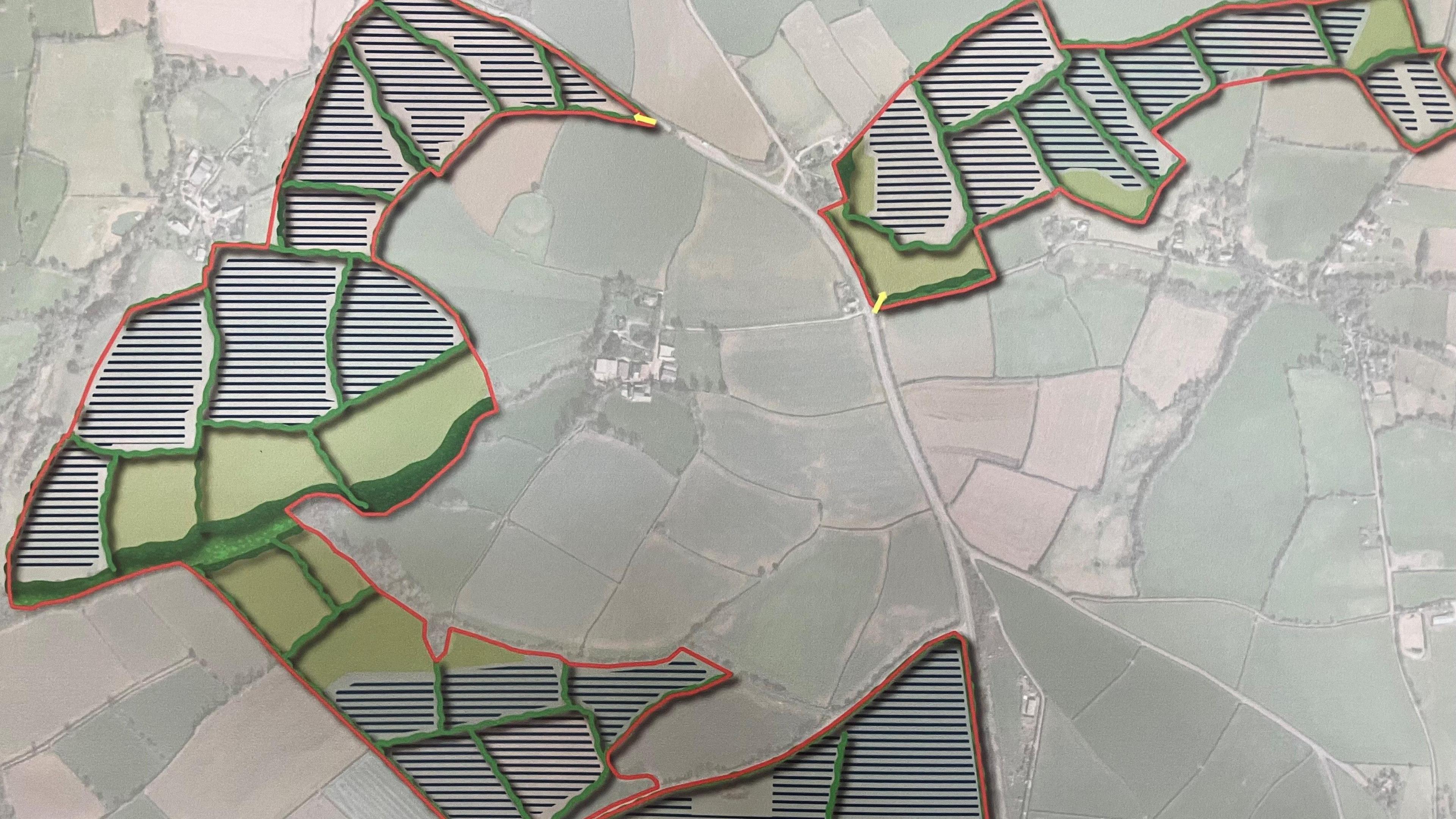 A overhead view of the site mapped with black lines where the solar panels will be placed and green lines where trees and vegetation will be planted
