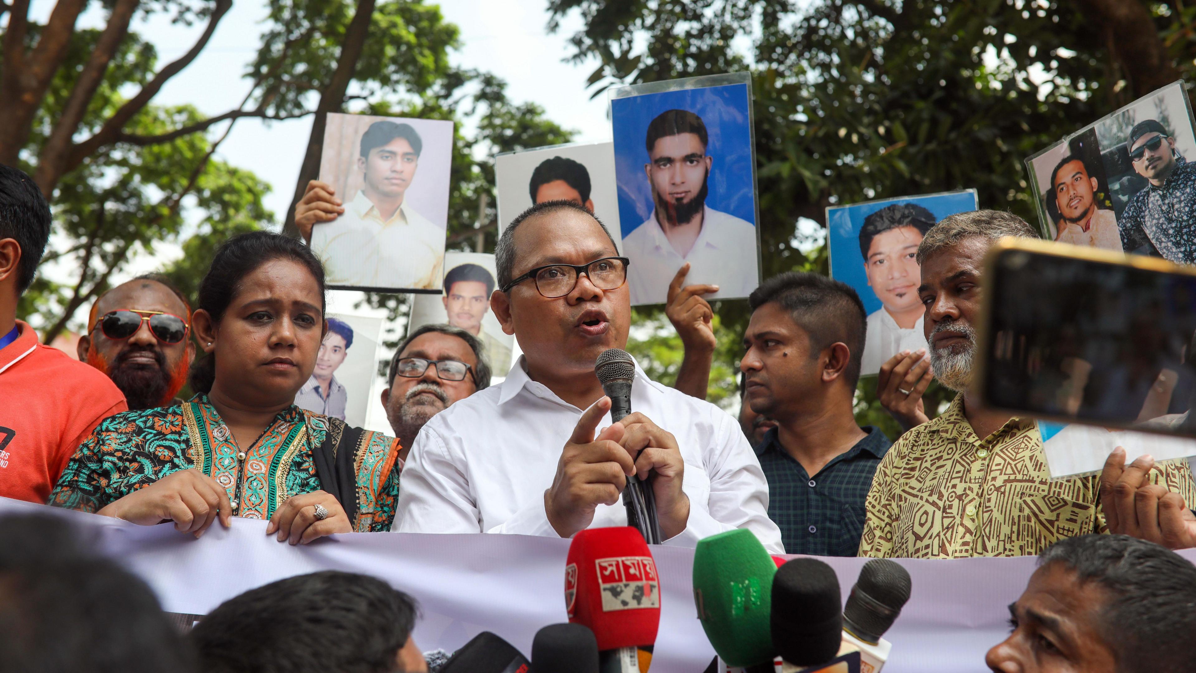 United People's Democratic Front (UPDF) leader Michael Chakma, who was released from the secret detention center locally know as 'Aynaghor' after five years, speaks during an event organized to mark International Day of the Victims of Enforced Disappearances, at central Shaheed Minar in Dhaka