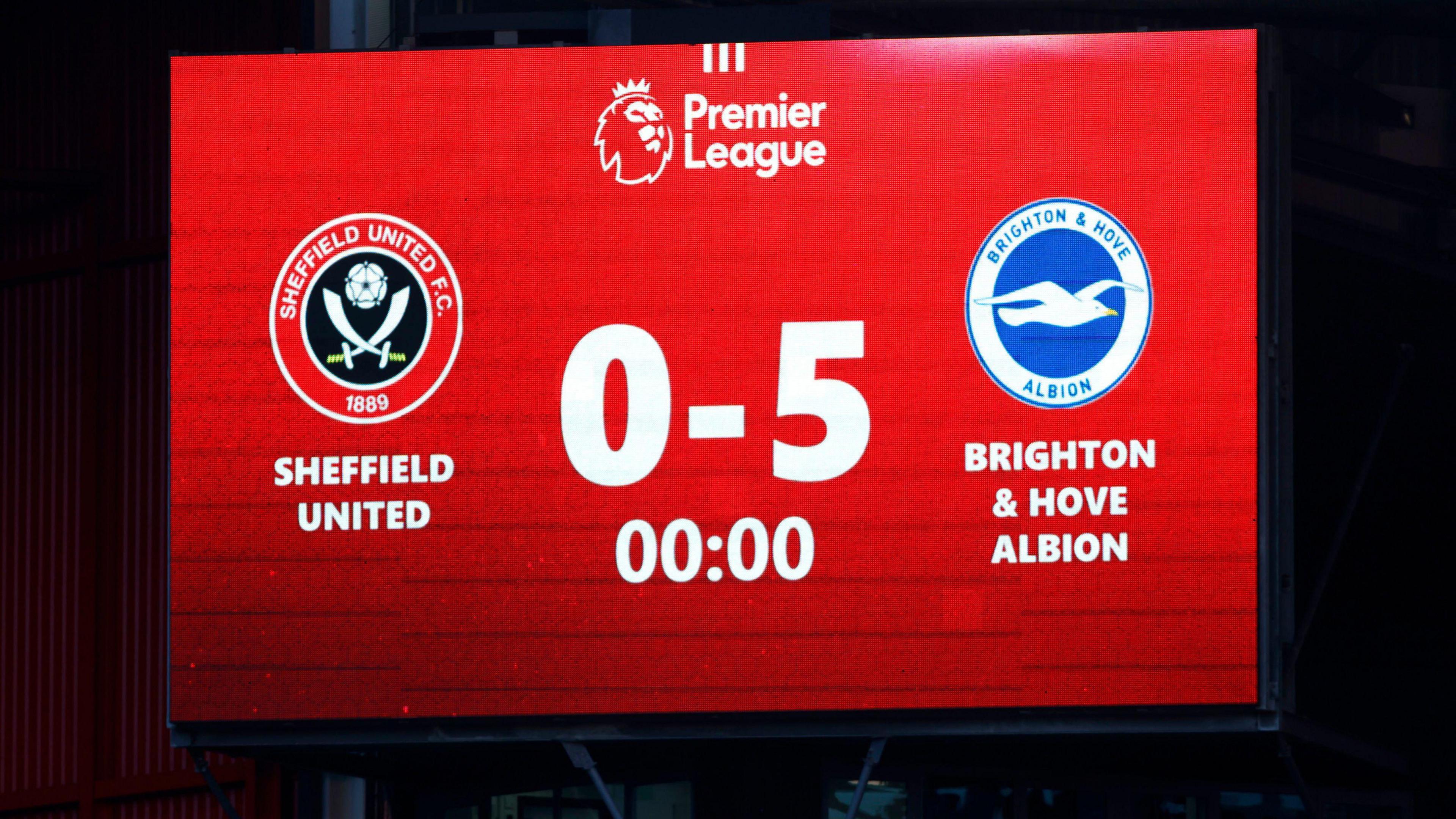 Bramall Lane scoreboard reads "Sheffield United 0-5 Brighton"