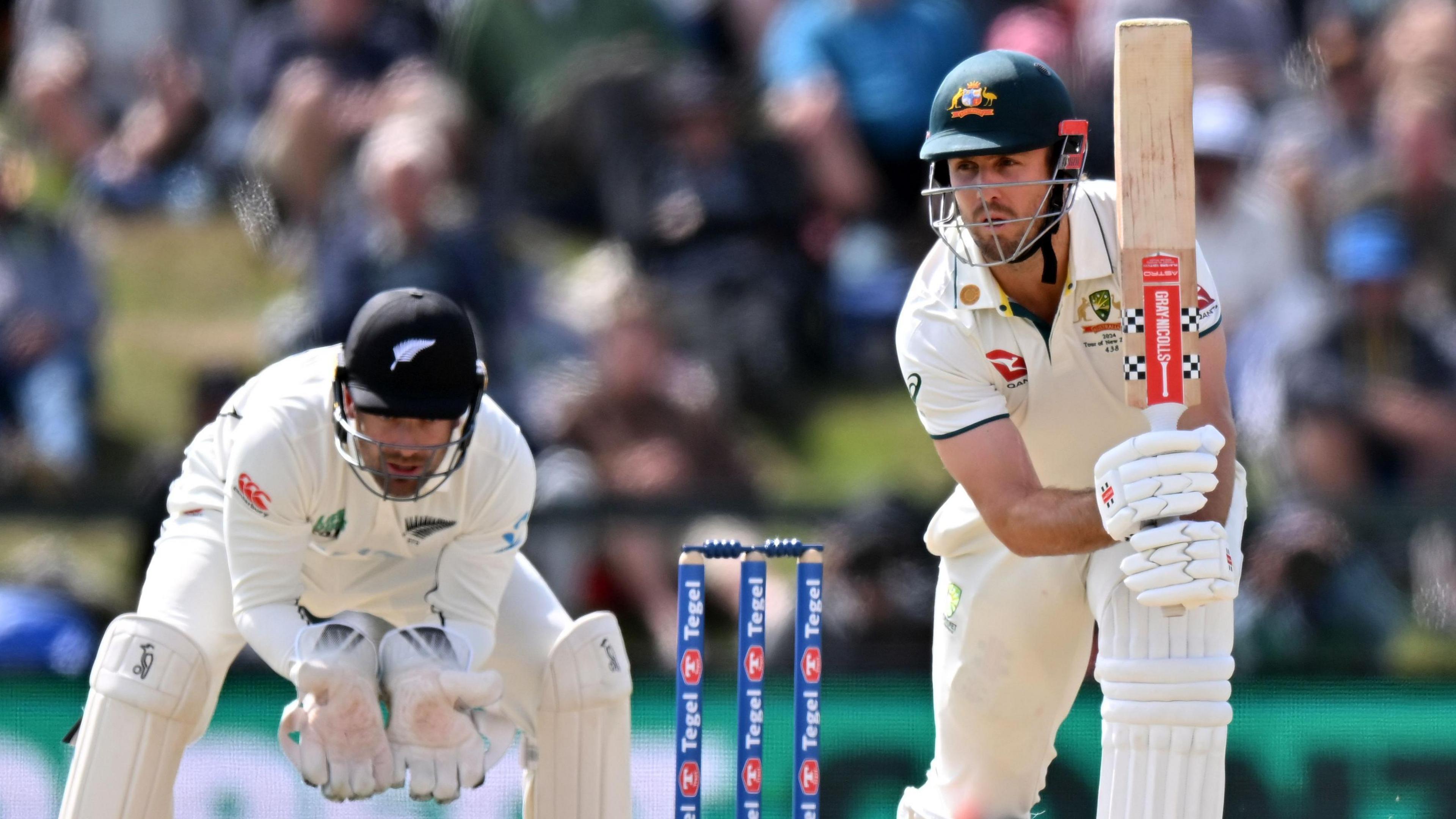 Australia's Mitchell Marsh hits out in a Test against New Zealand in 2024