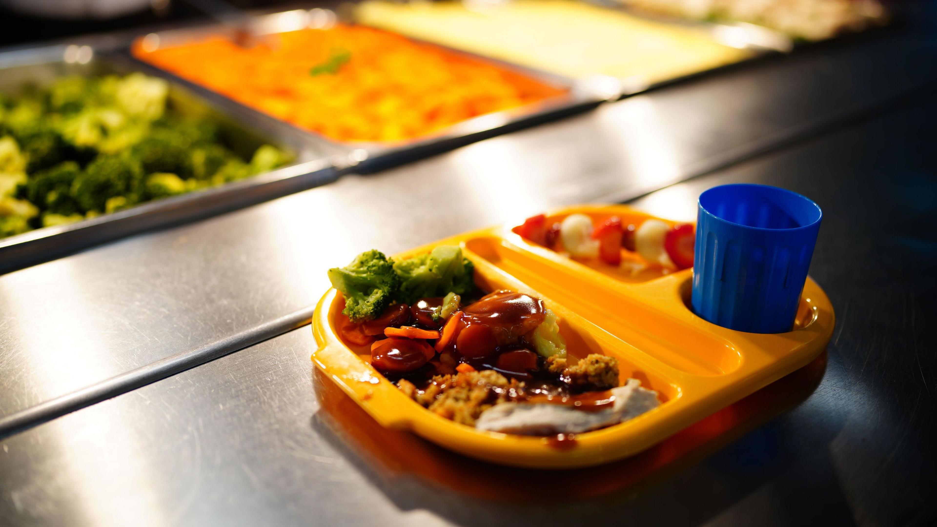 A yellow plastic food tray is filled with what appears to be broccoli, chunks of meat covered in sauce and rice. A blue plastic cup fills the cup holder, and a skewer of fruit is seen in another compartment. The tray rests on a metal counter, with metal trays of food in the distance, all blurred. 
