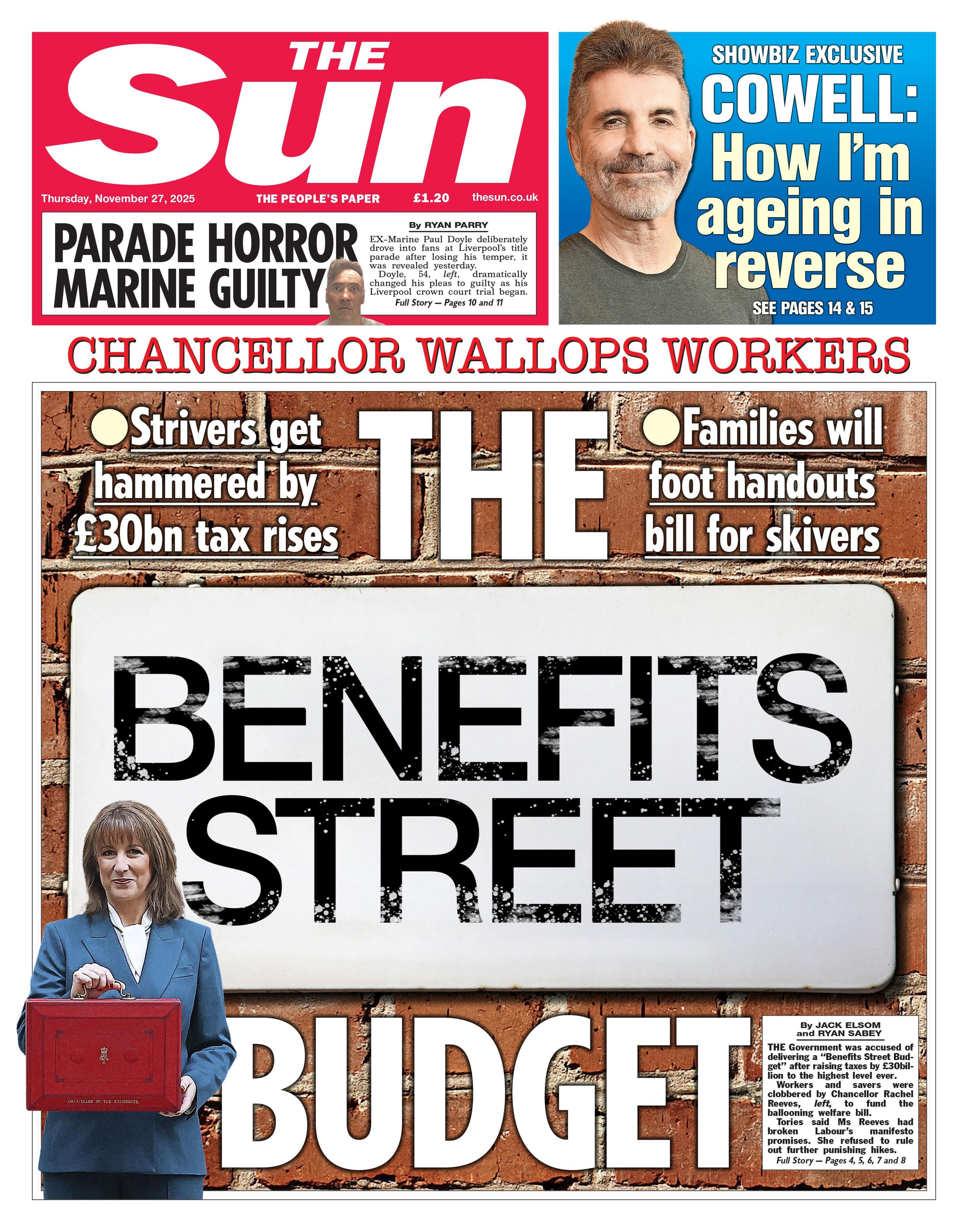 "The Benefits Street Budget: Chancellor wallops workers" reads the headline on the front page of the Sun.