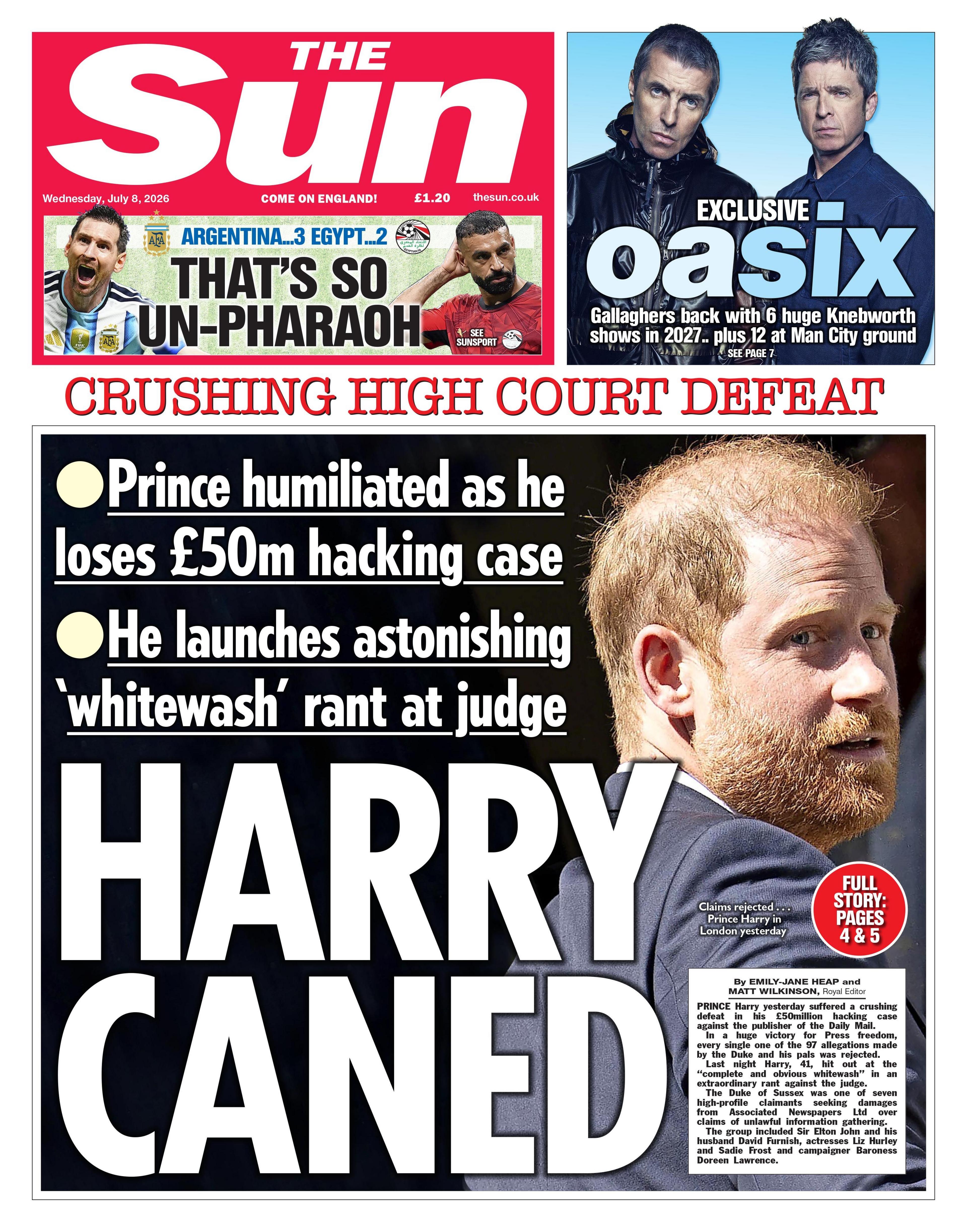 The headline on the front page of the Sun reads: 'Harry Caned.'