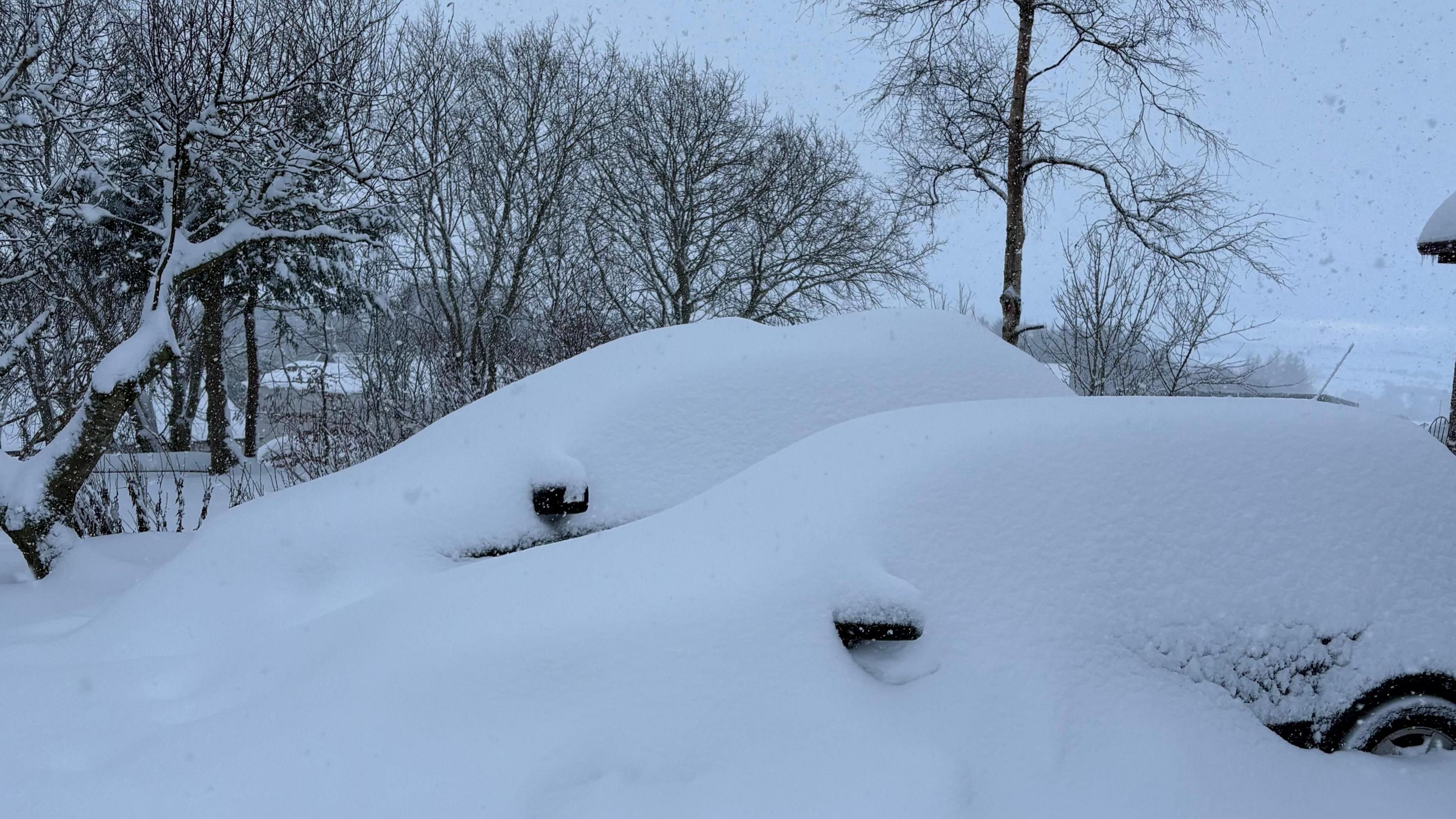 Wing mirrors and part of a wheel arch are the only things visible on two cars covered in thick snow