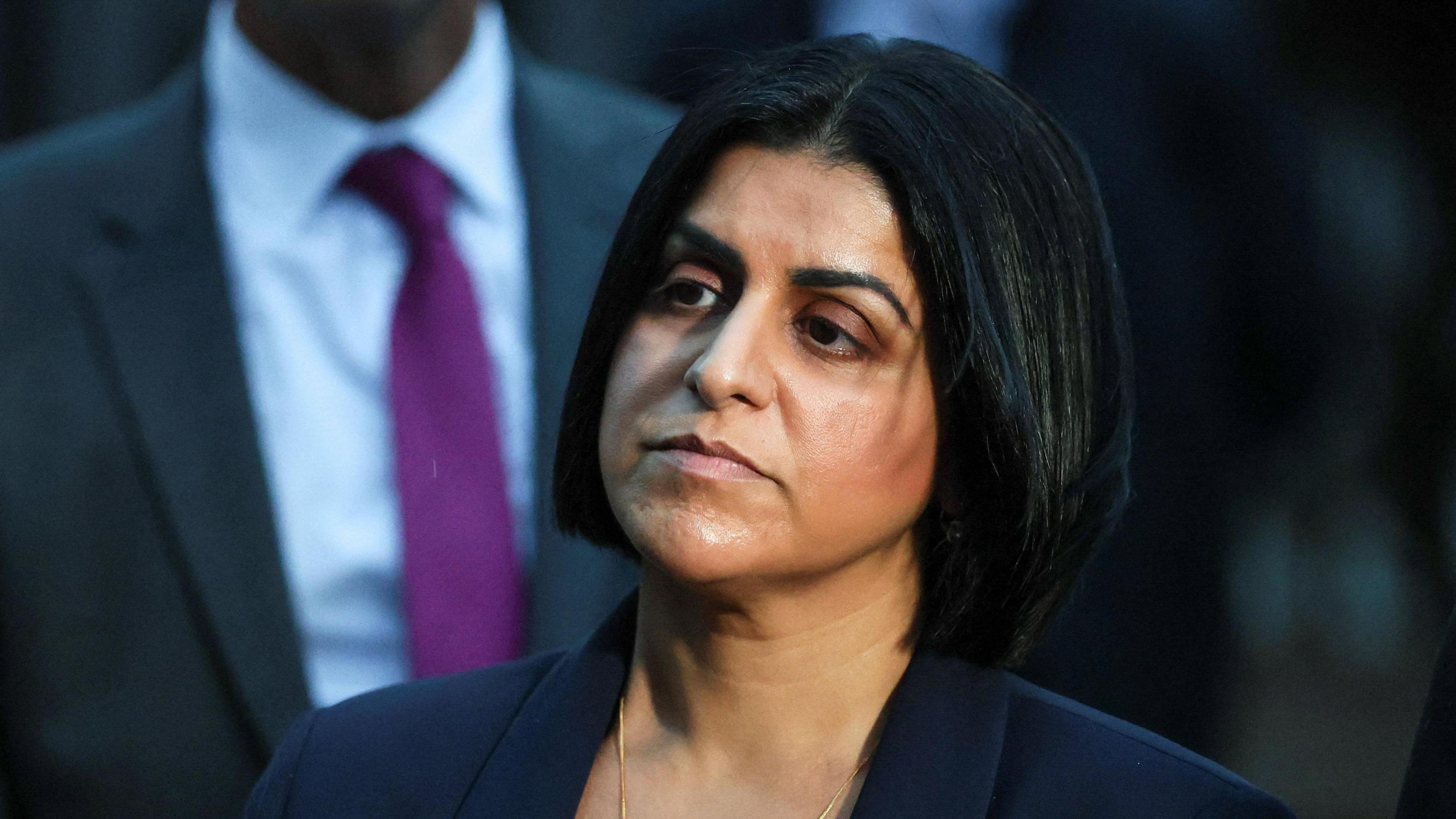 British Home Secretary Shabana Mahmood looks on during a statement at Crumpsall Lane, after a man drove a car into pedestrians and stabbed a security guard in an attack at a synagogue where worshippers were marking Yom Kippur, the holiest day on the Jewish calendar, according to the British police, in north Manchester, Britain, October 2, 2025.