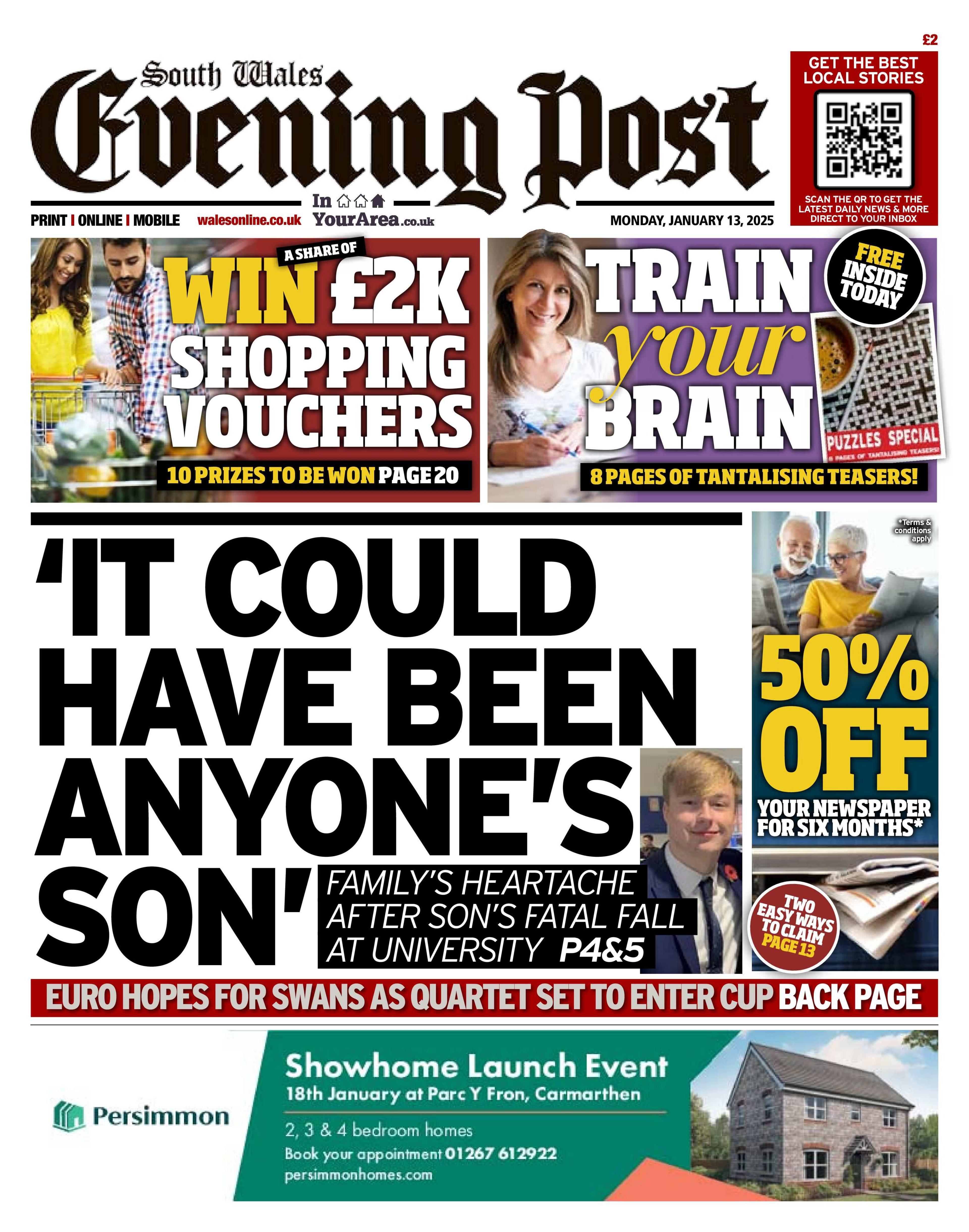 The front page of the South Wales Evening Post
