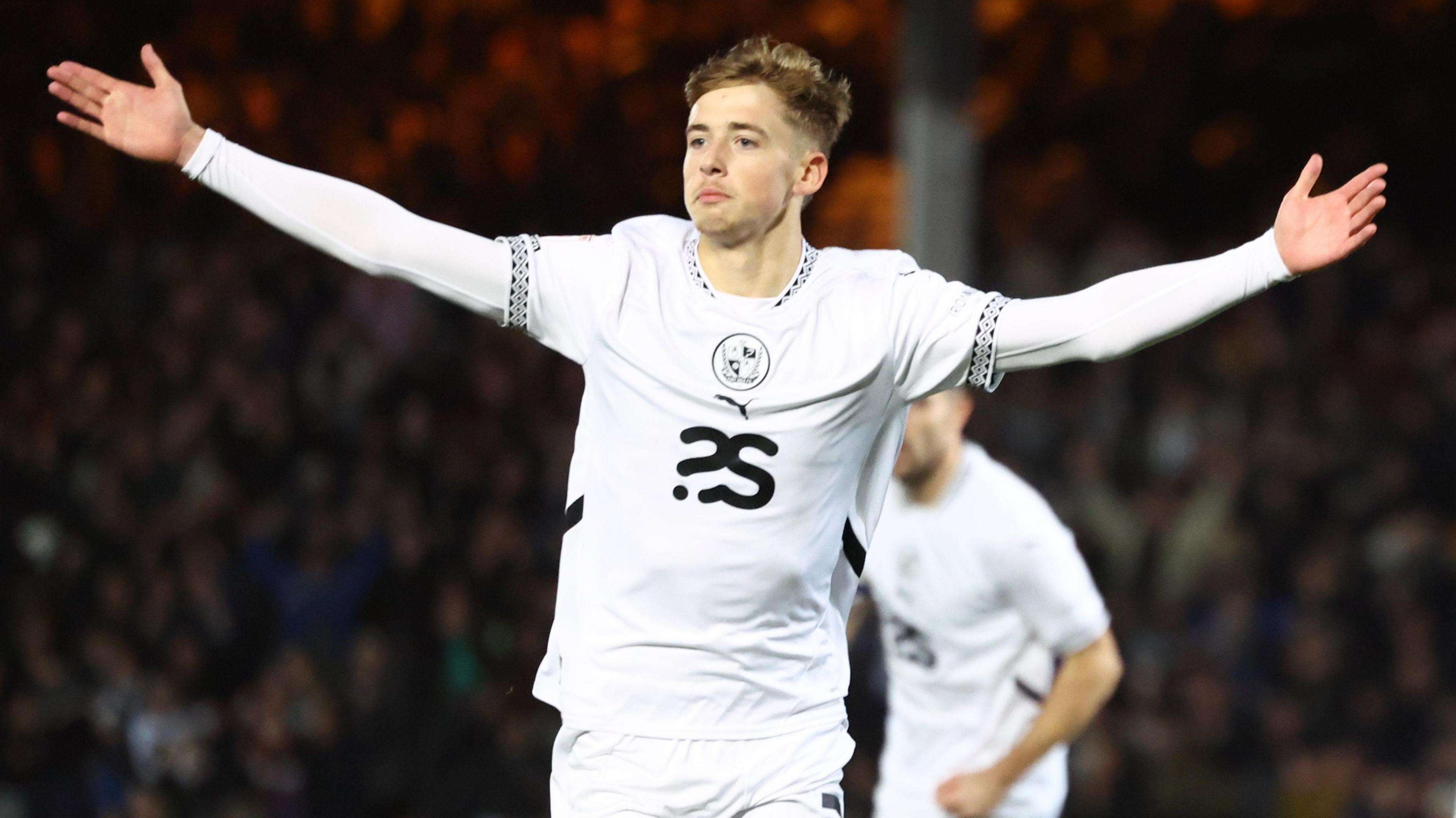 Jack Shorrock celebrates scoring for Port Vale against Crewe last season