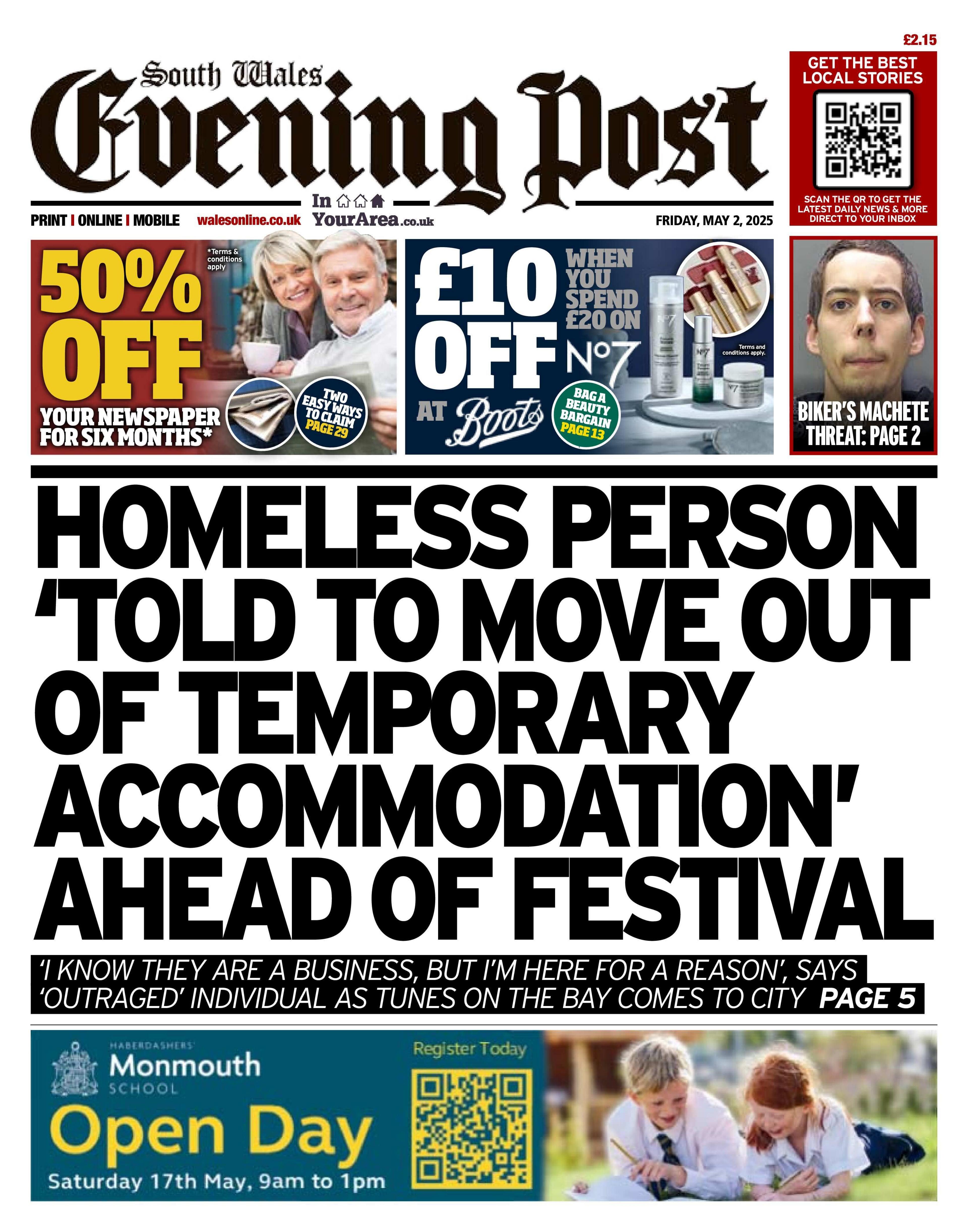 Front page of South Wales Evening Post. Main headline reads: Homeless person 'told to move out of temporary accomodation' ahead of festival. 