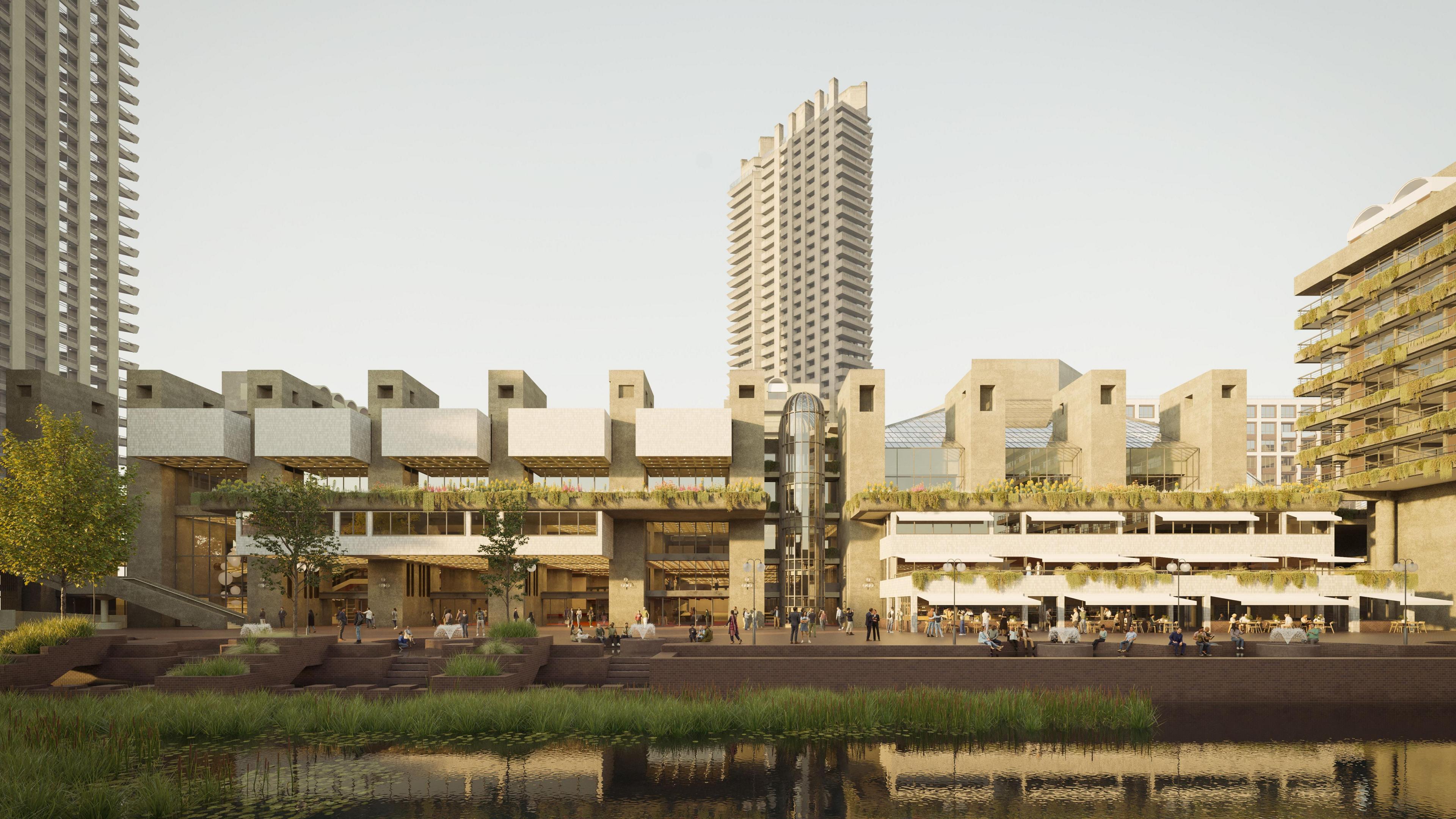 A computer-generated imagery (CGI) of Barbican Centre works. It shows the outside of the Centre, and various buildings next to it.