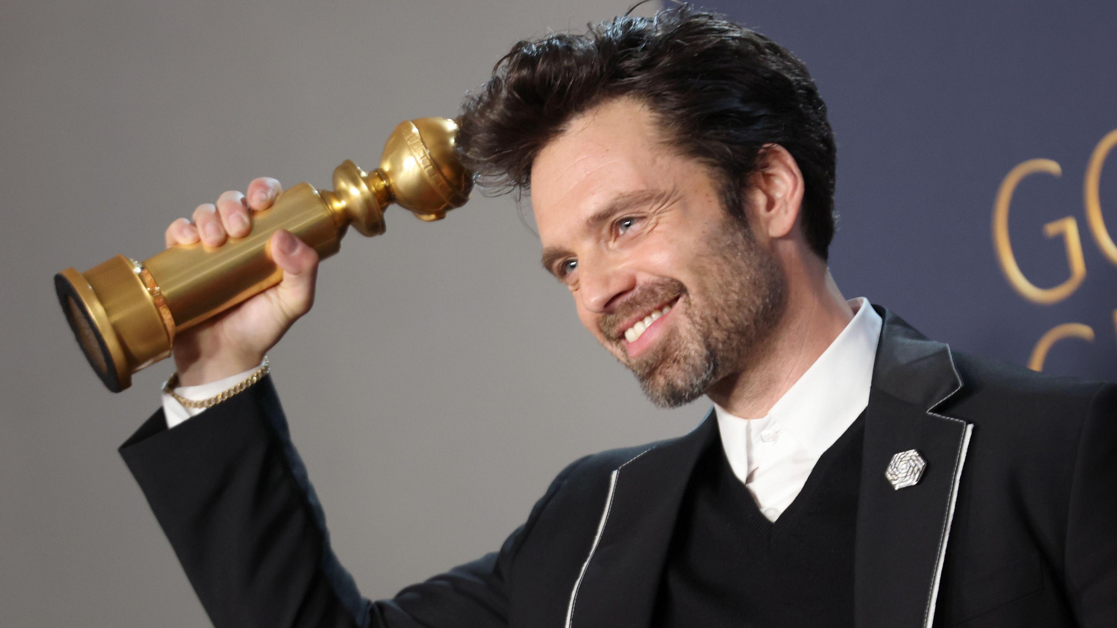  Sebastian Stan, winner of Best Performance by a Male Actor in a Motion Picture – Musical or Comedy Award for “A Different Man” poses in the press room during the 82nd Annual Golden Globe Awards at The Beverly Hilton on January 05, 2025 in Beverly Hills, California