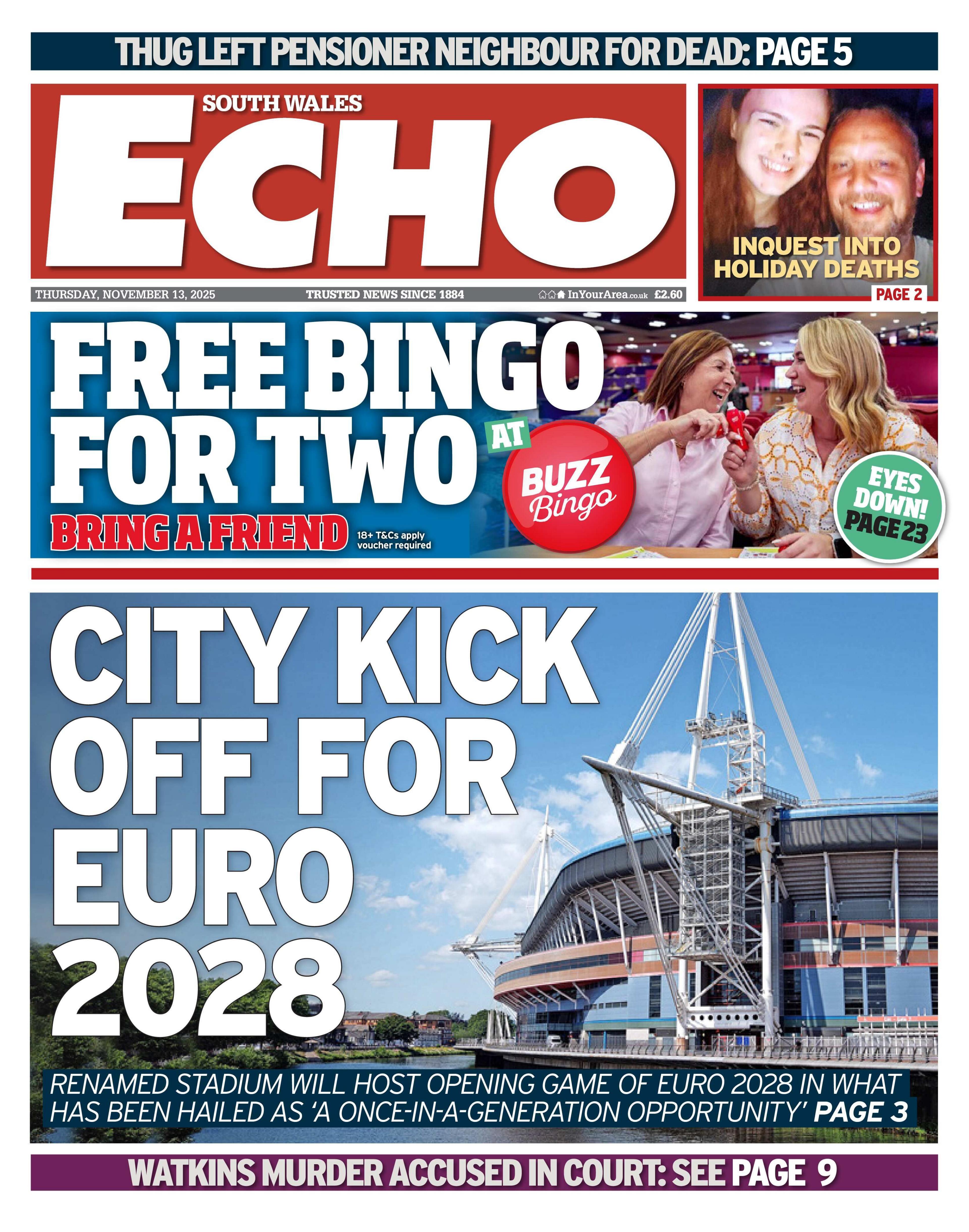 The South Wales Echo front page. It is headlined "City Kick Off For Euro 2028" and has a picture of the Principality Stadium