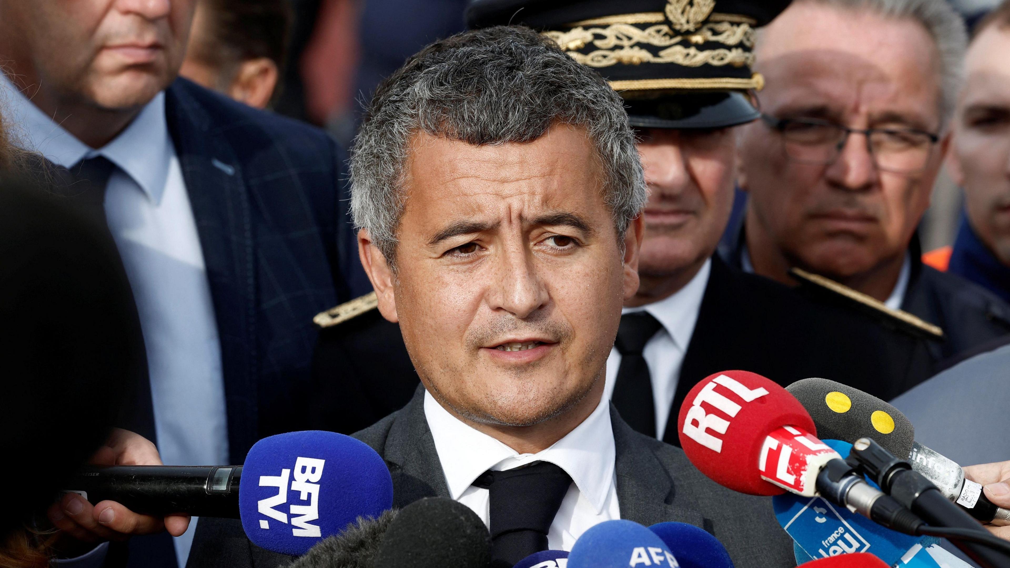 French Interior Minister Gerald Darmanin speaks to media after several migrants died as their boat capsized on its way across the Channel to Britain on 3 September, 2024.