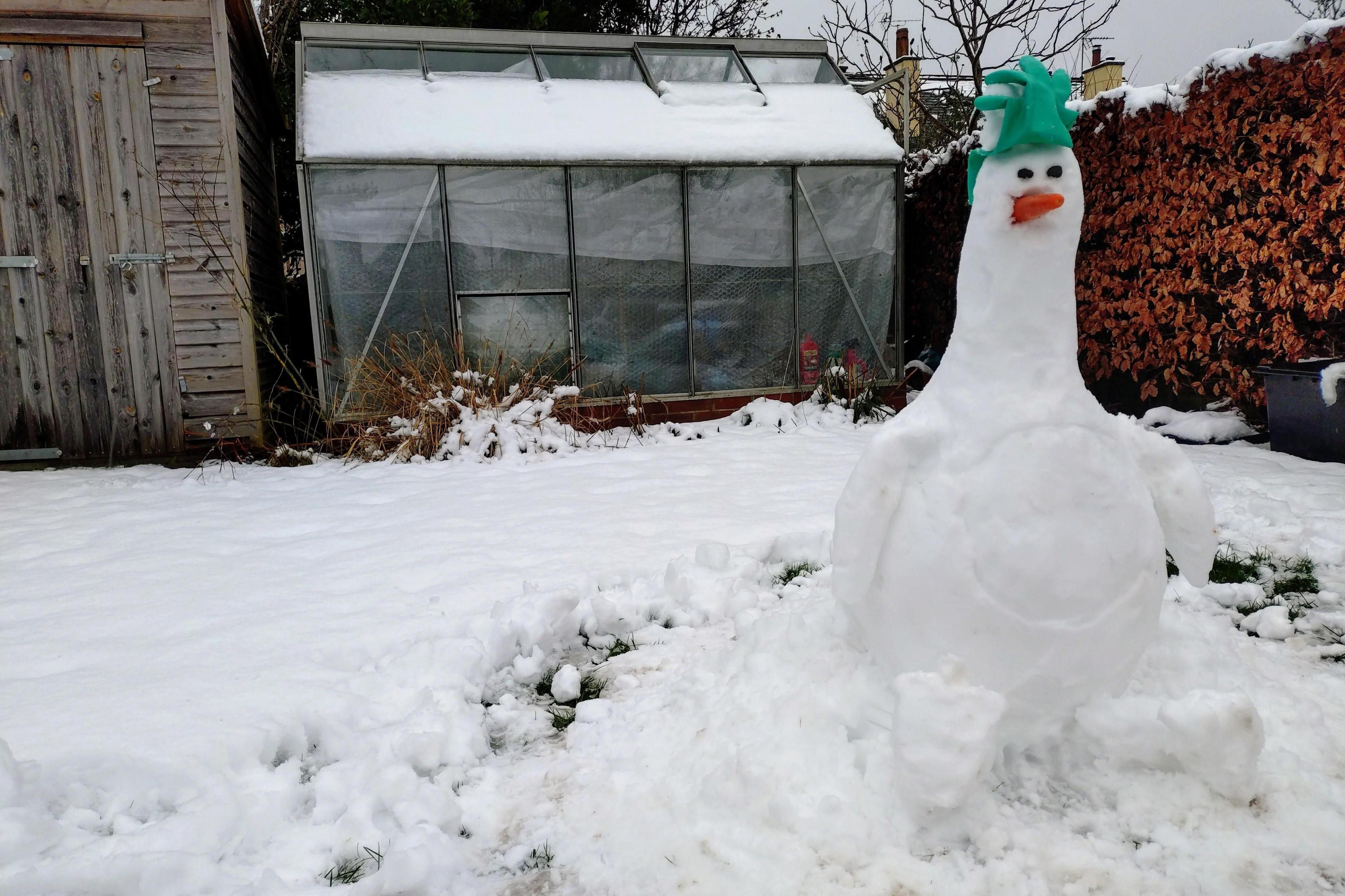 Feathers Mcgraw, a penguin wearing a rubber glove as a hat, is made out of snow