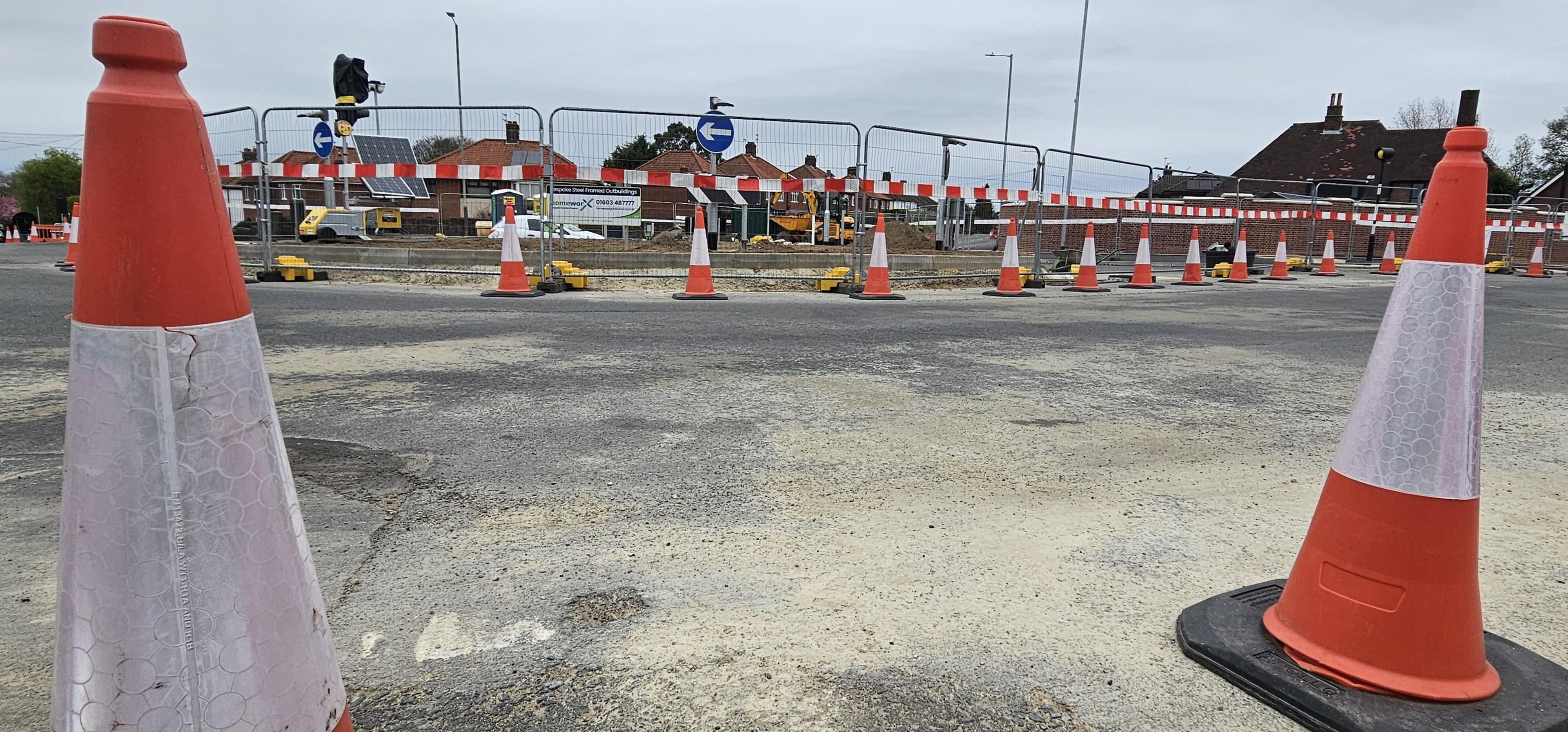 Roadworks on the Heartsease Roundabout, with traffic cones in the foreground