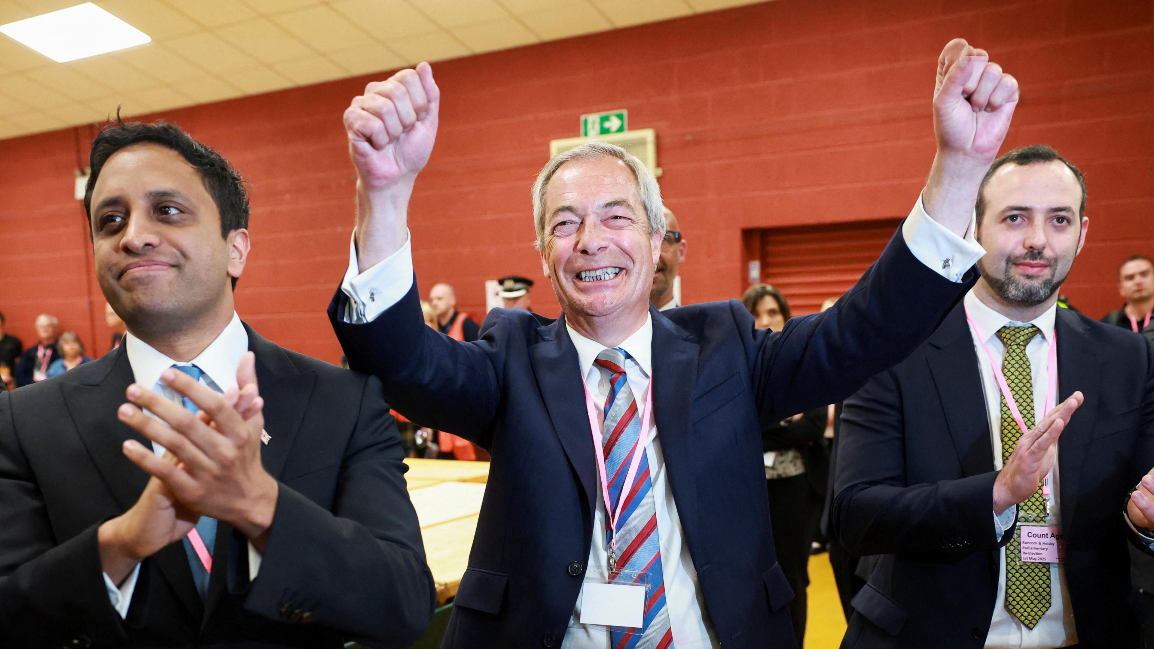 Nigel Farage cheering after Reform wins by-election