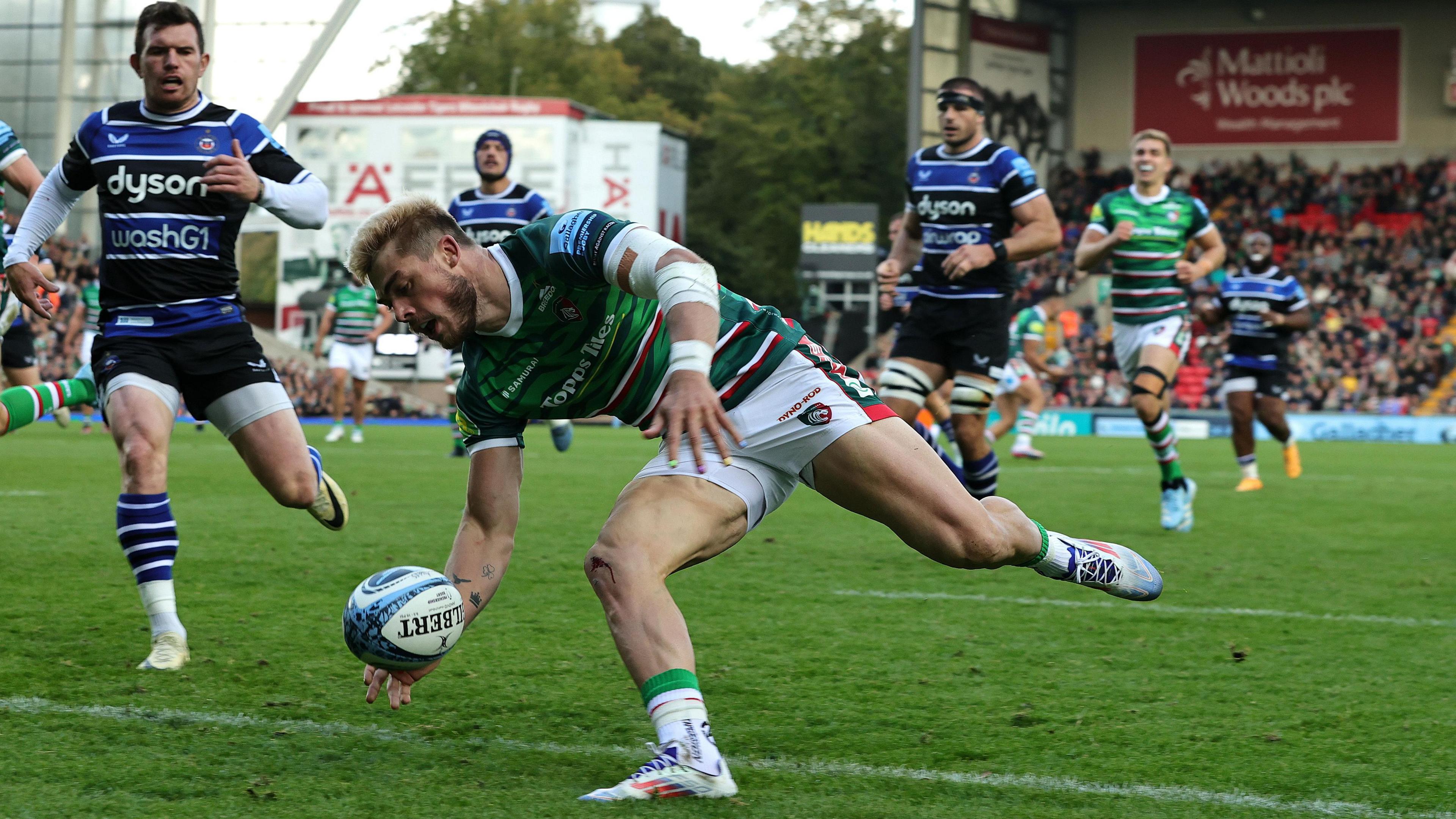 Ollie Hassell-Collins drops the ball over the line as Leicester Tigers waste a glorious chance to score the first try of the game against Bath at Welford Road