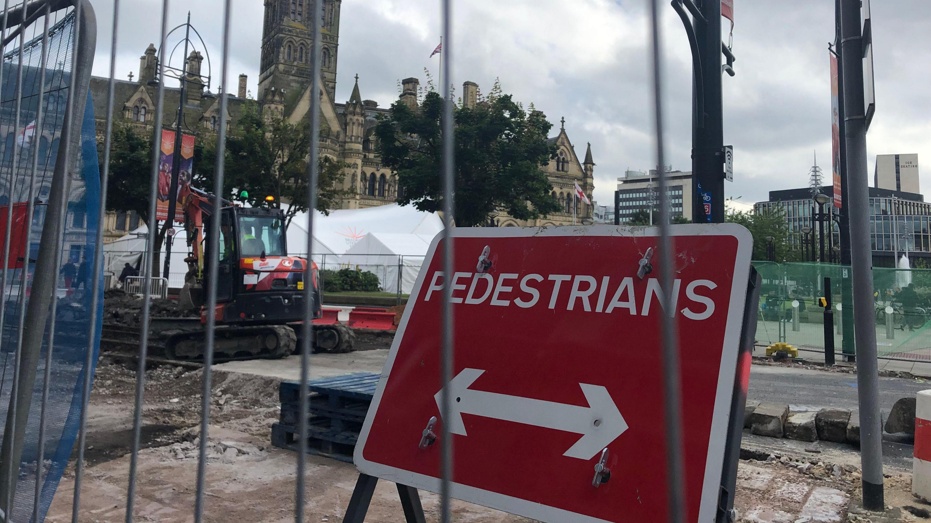 Roadworks signage and equipment in Bradford city centre