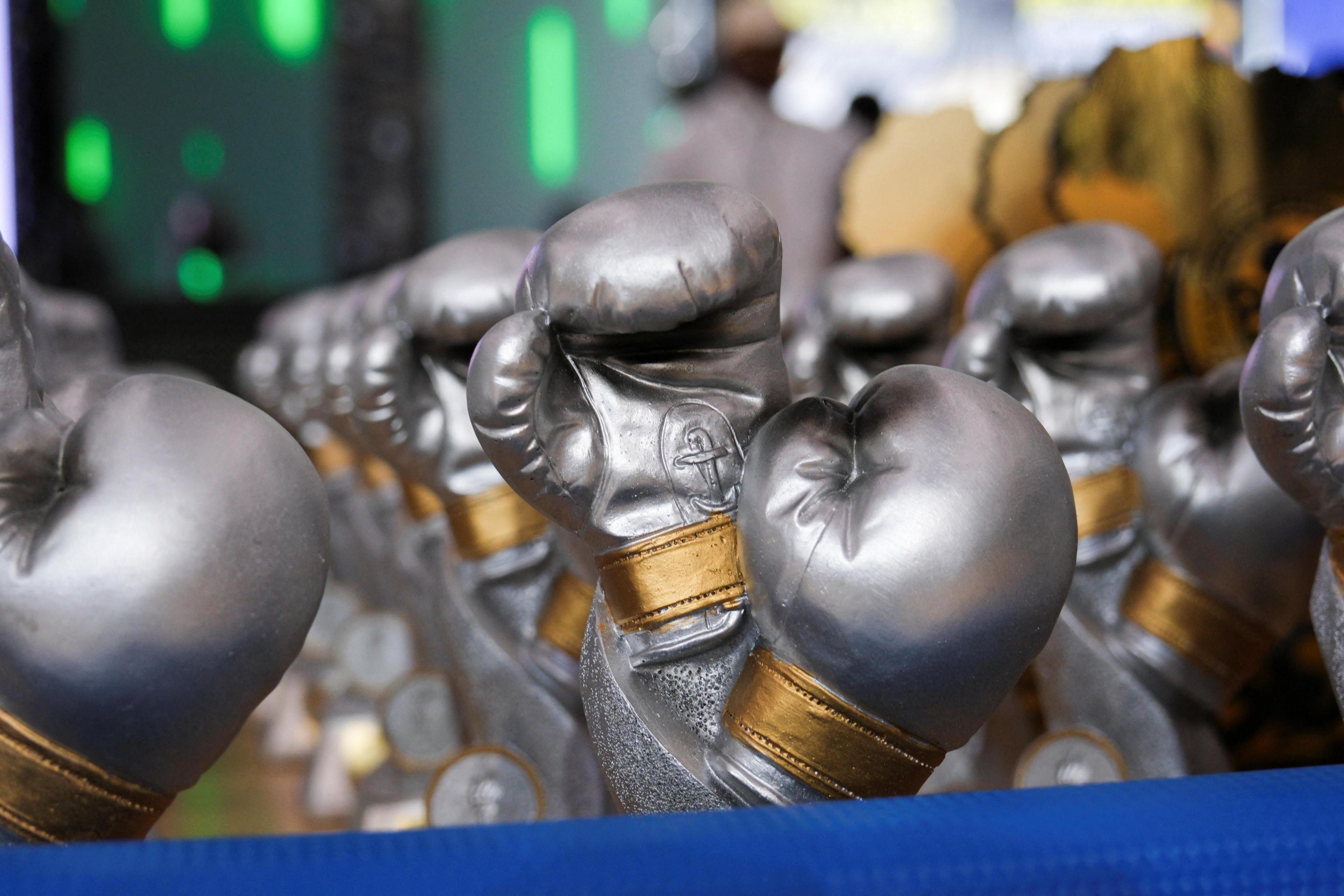 Miniature boxing gloves that are given to the winners are displayed during the closing of 2024 African Boxing Championships in Kinshasa.