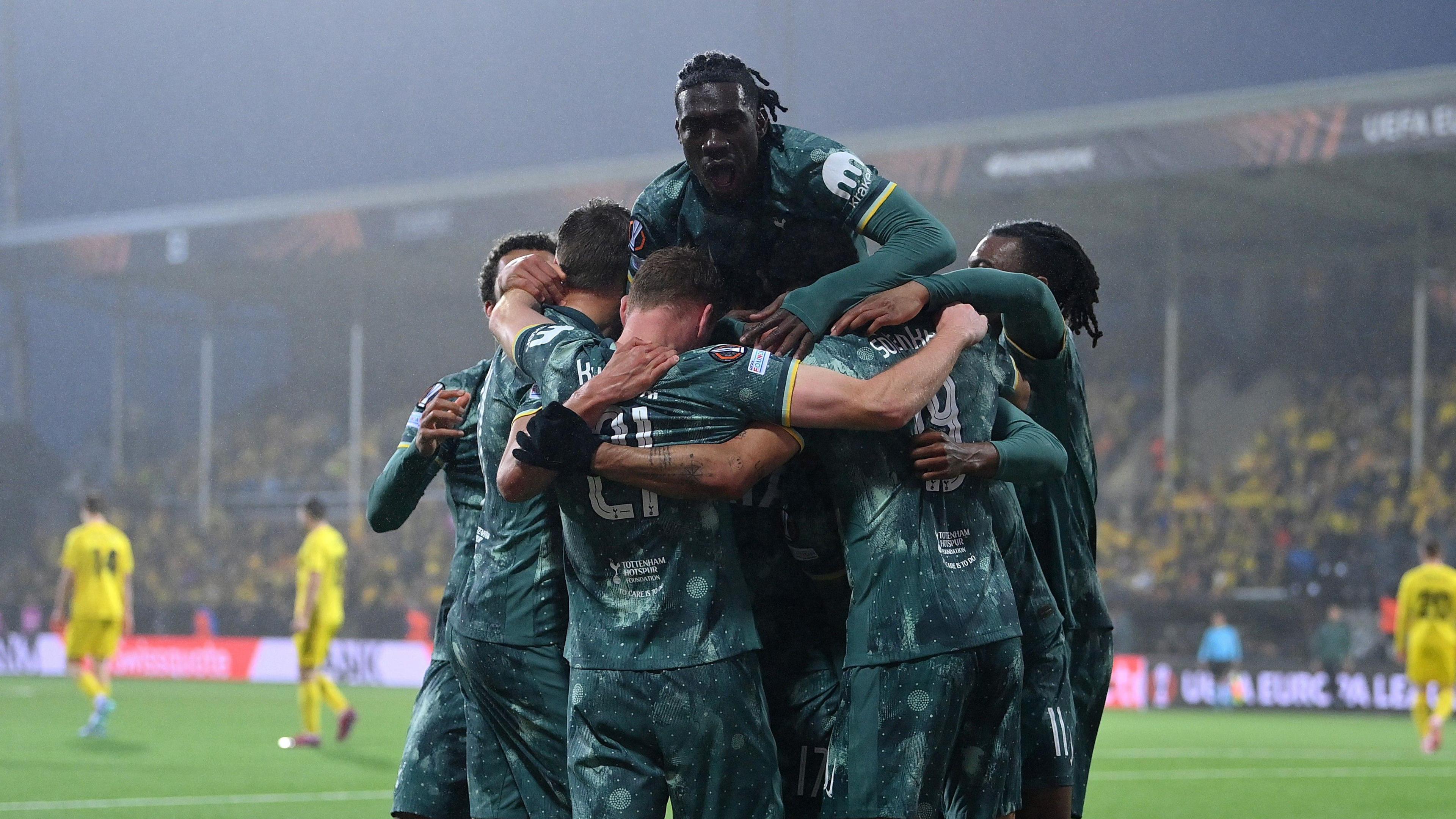Tottenham celebrate Dominic Solanke's goal