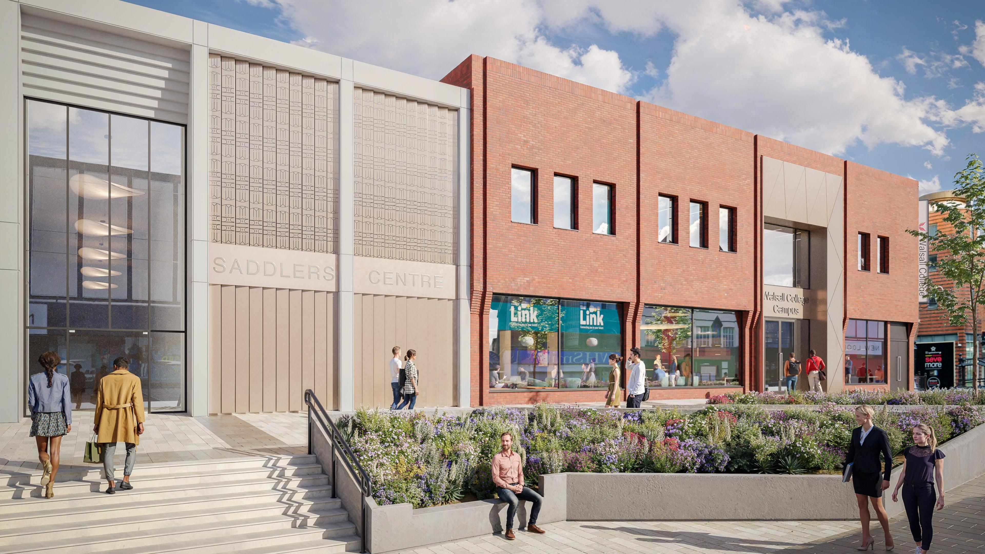 A computer generated image of a two-storey red brick building showing people walking on the pavement, steps and sitting on concrete planters.