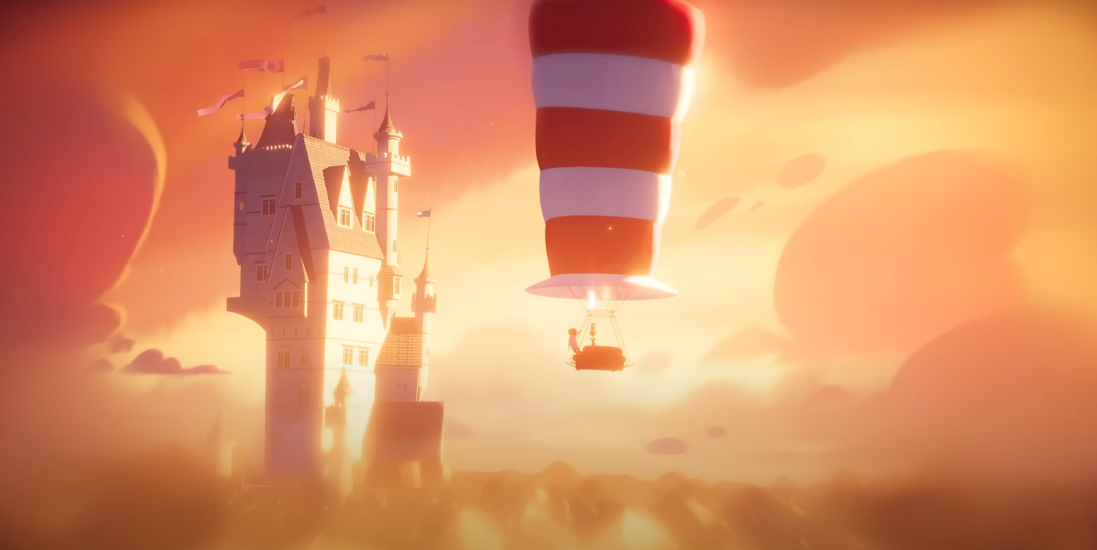 A Cat in the Hat themed hot air balloon approaching what appears to be an enchanted castle. 