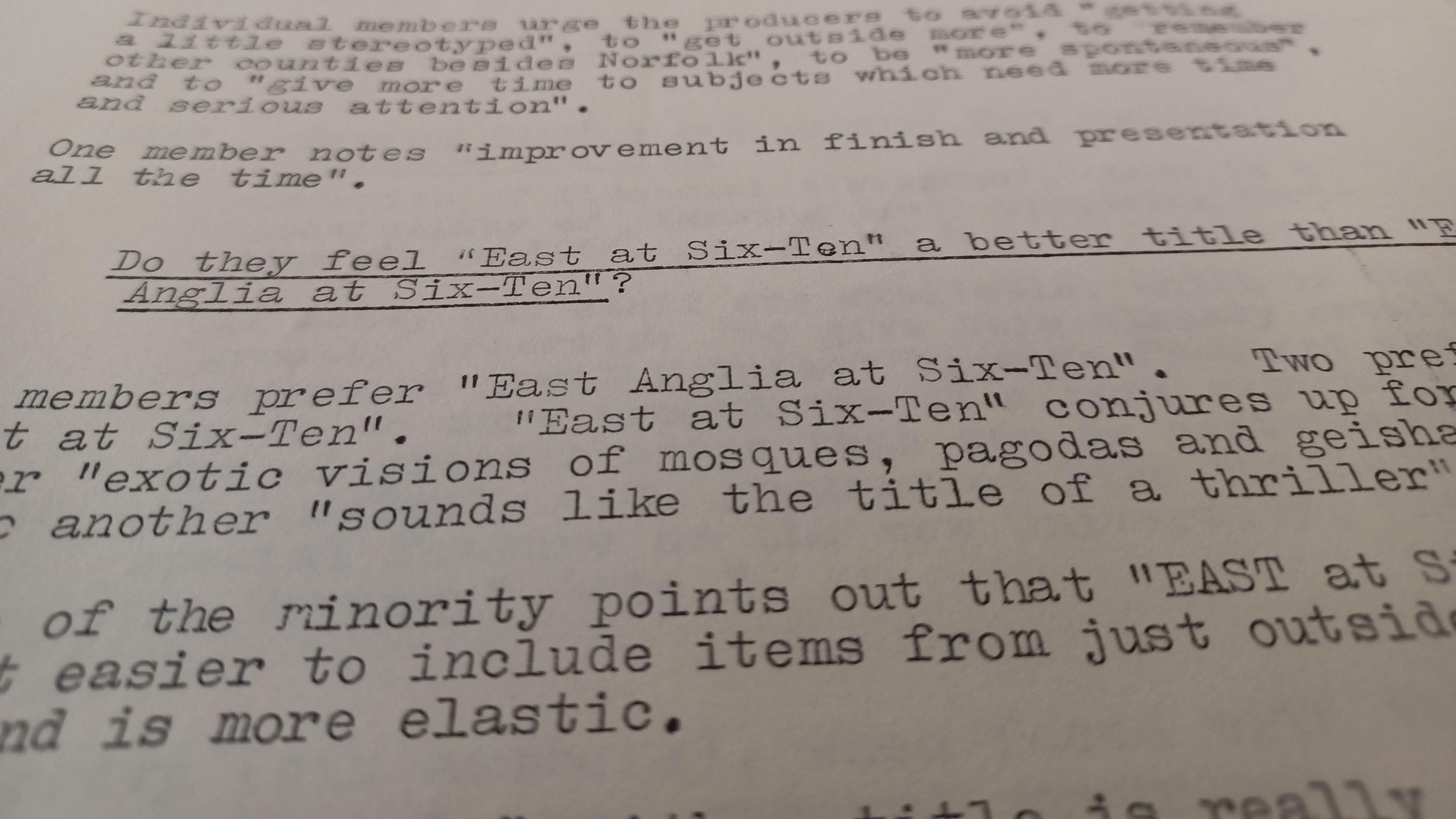 BBC Archive documents, showing black words typed onto white paper with the main headline "East Anglia or East"