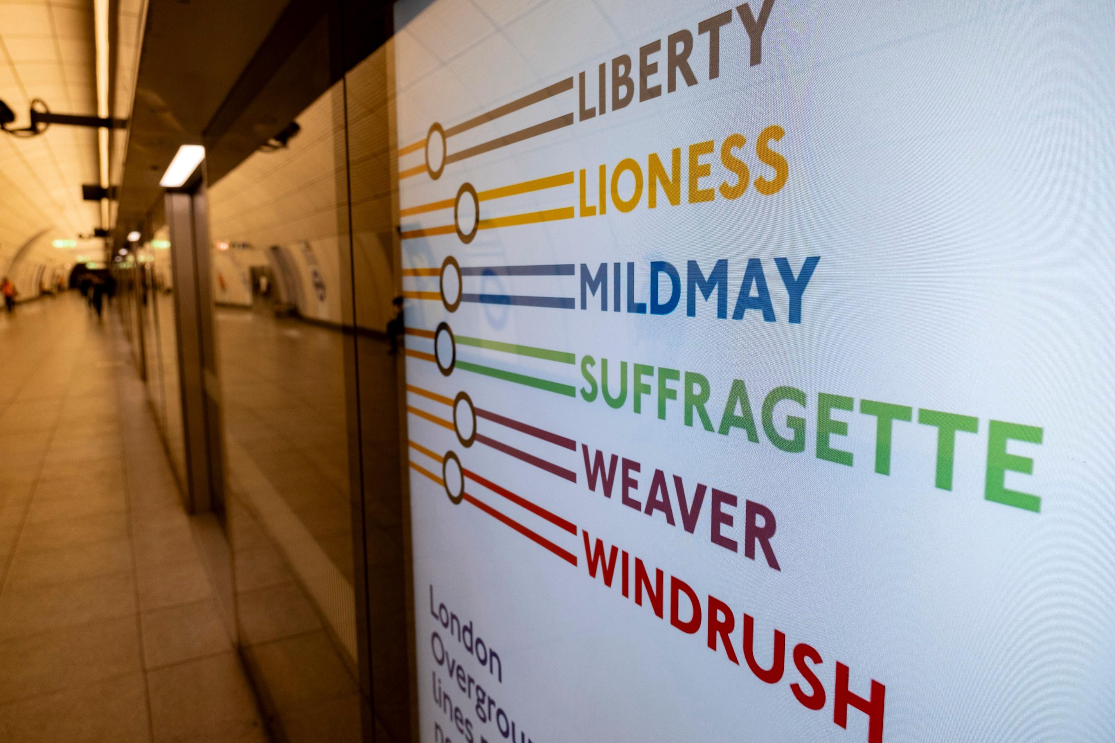 A digital display poster on the wall of a station with the names of the six renamed London Overground lines. Liberty line is brown, Lioness line is yellow, Mildmay line is blue, Suffragette line is green, Weaver is maroon and Windrush line is red. 