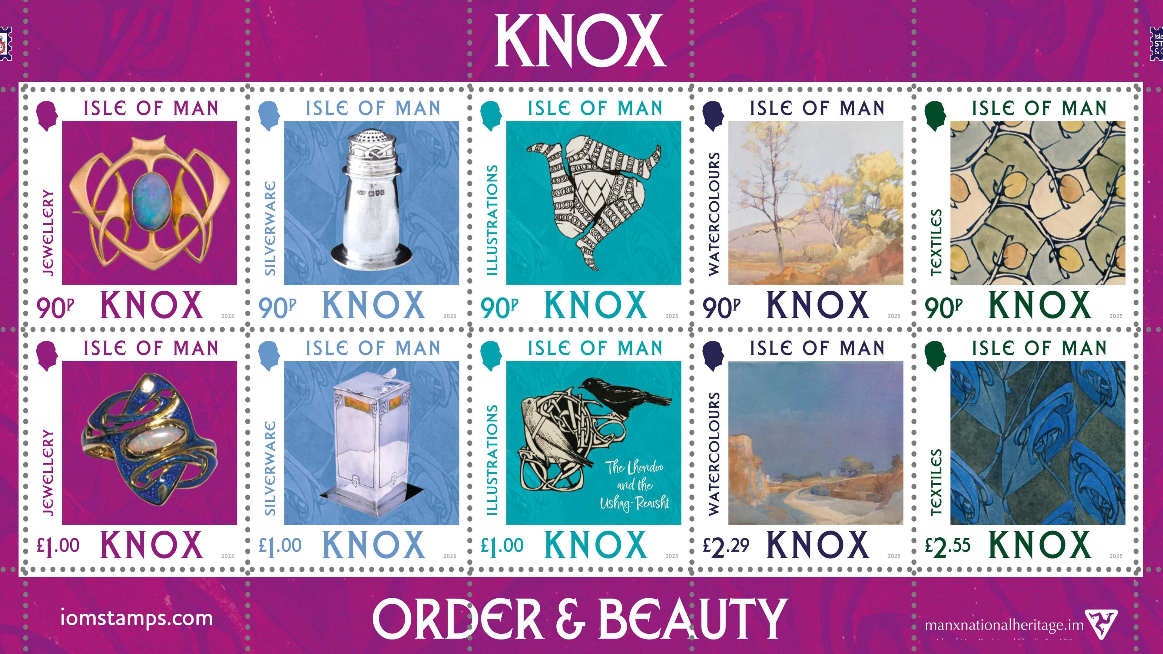 Ten stamps, with purple and turquoise backgrounds, some have Knox's Celtic inspired  metalwork, one has a metal salt shaker, an intricately designed triskelion, a watercolour painting of trees and a lake, as well as a swirling design in glasswork.