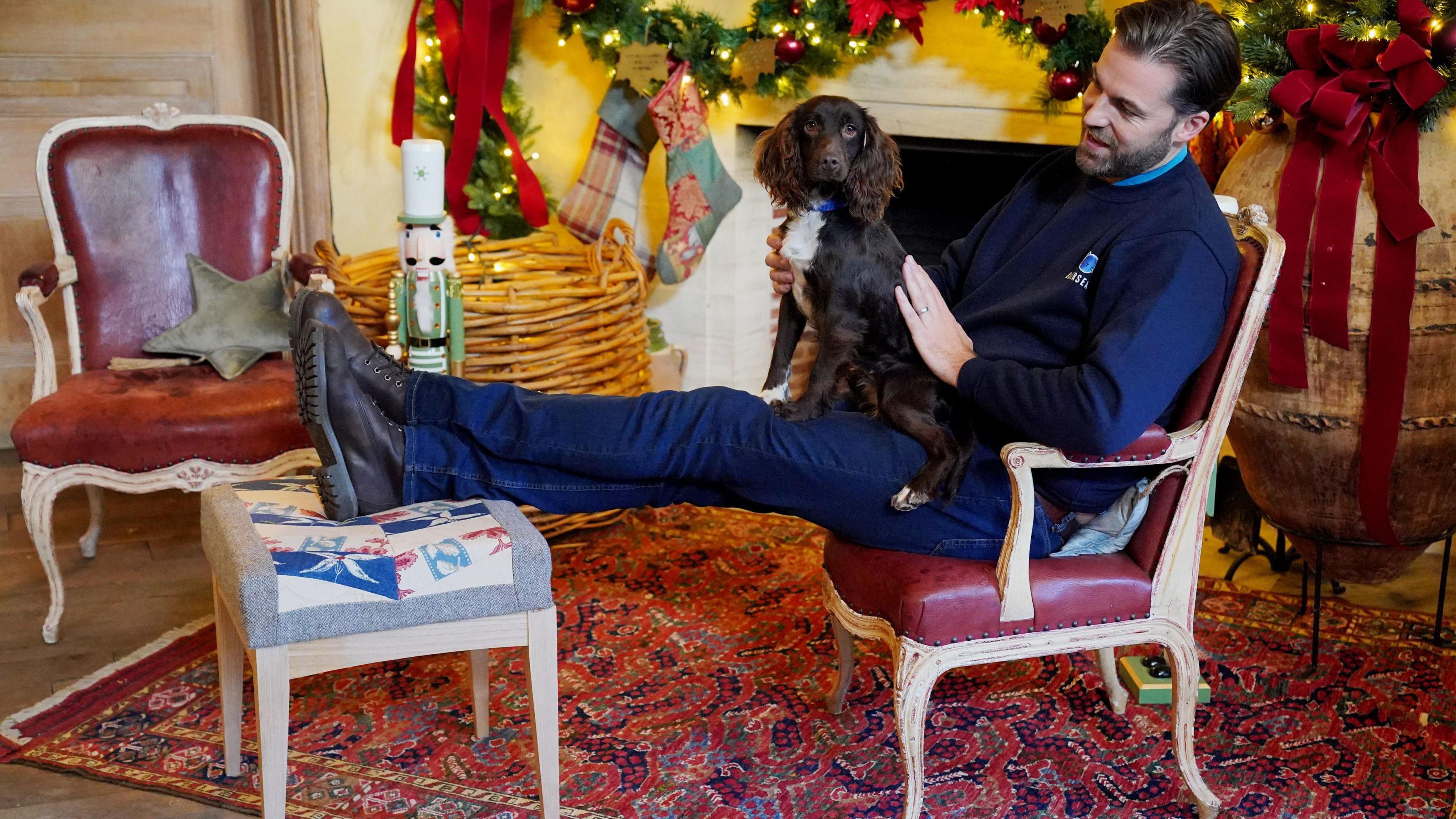 Spaniel sitting on a man who is sat on a chair using a footstall