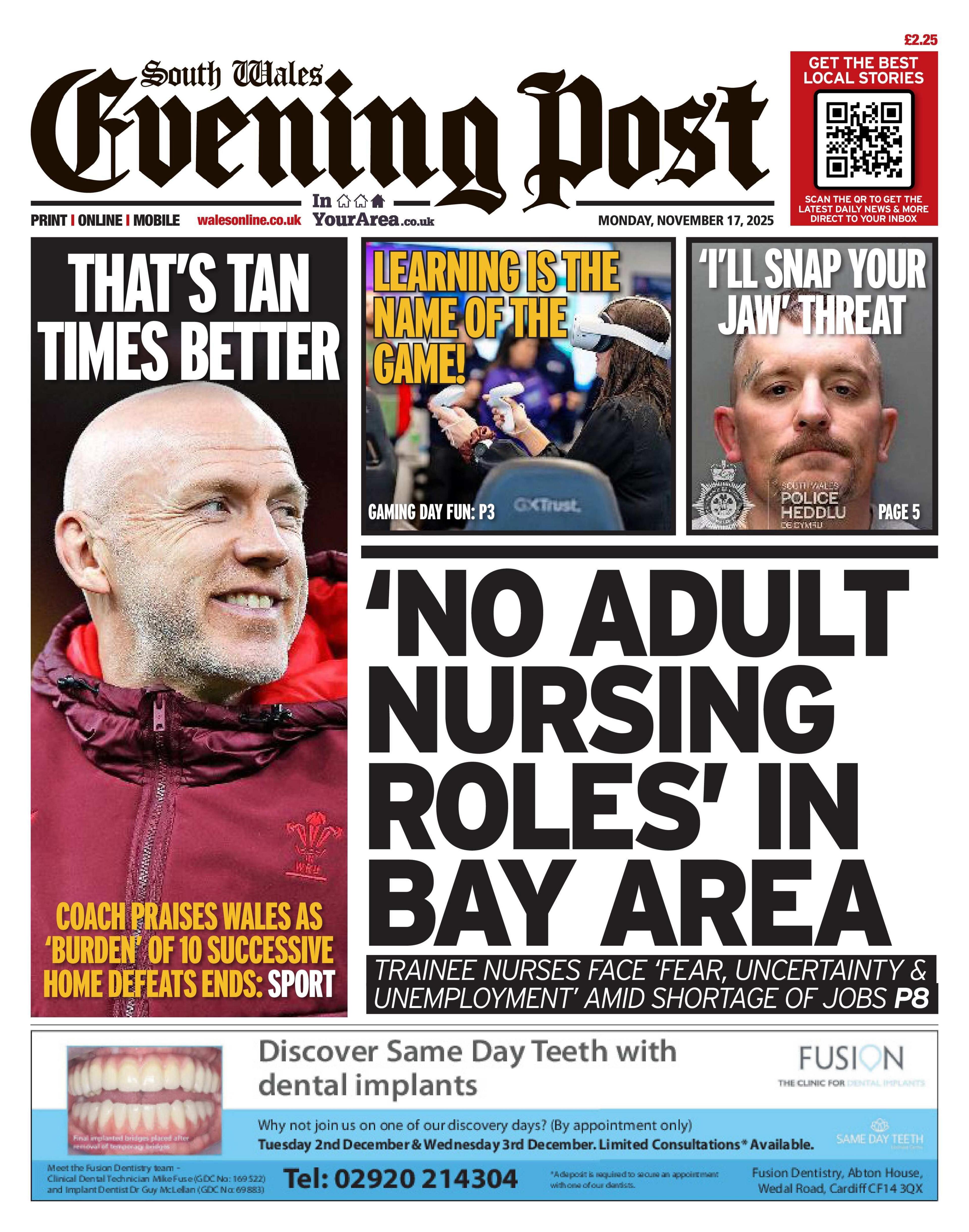South Wales Evening Post front page. The headline reads: "'No adult nursing roles' in bay area'