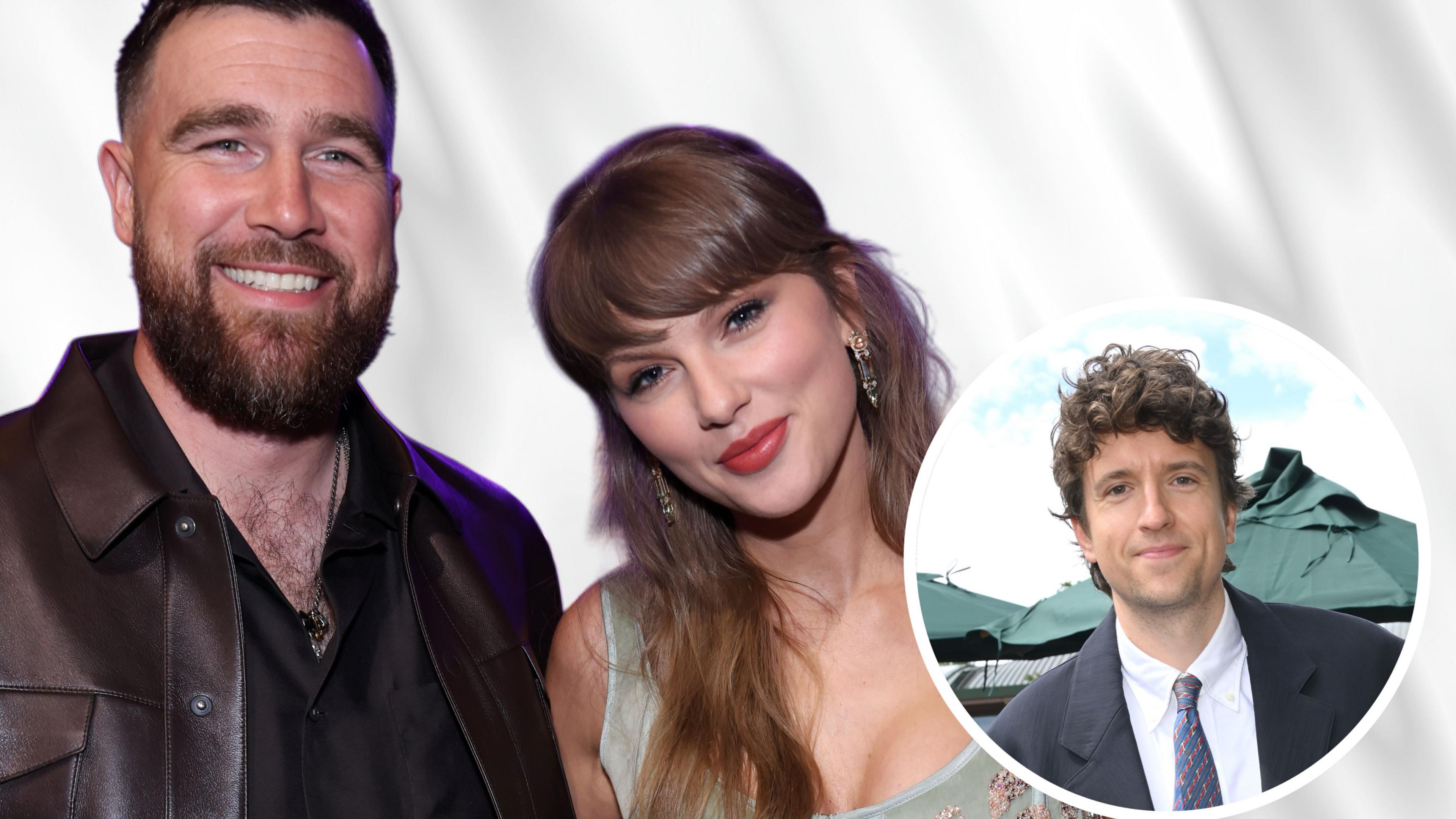Travis Kelce, Taylor Swift and a cut out of Greg James in a circle. 