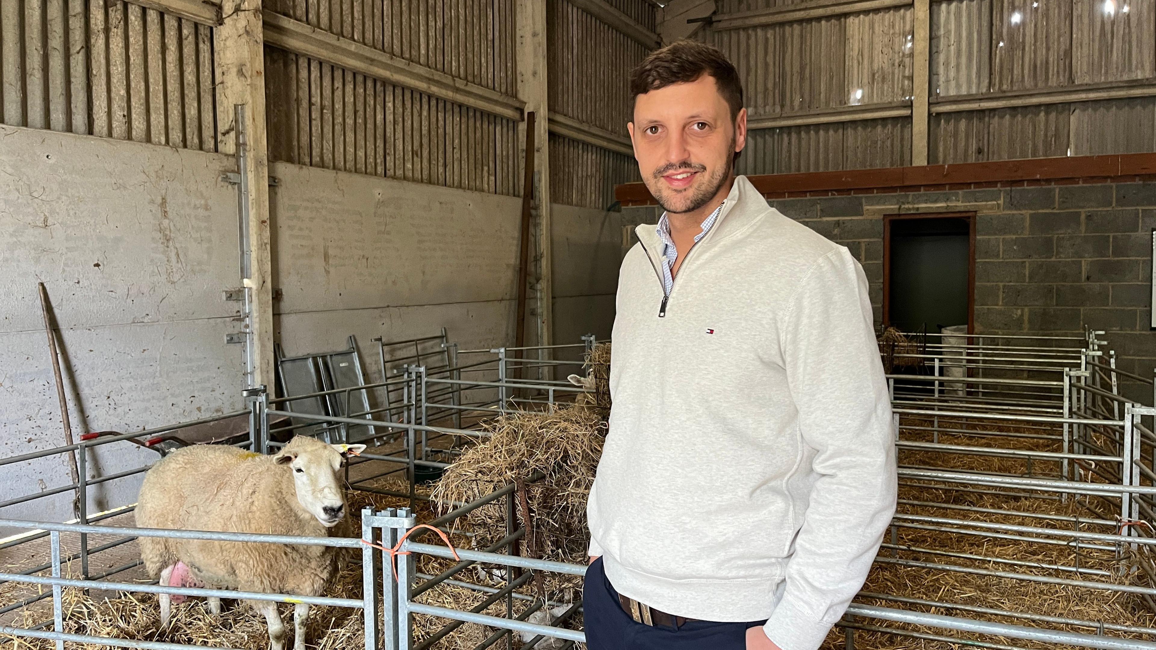 A man in a cream coloured sweater and dark trousers stands in front of a barn of sheep pens, with a sheep in one of the enclosures