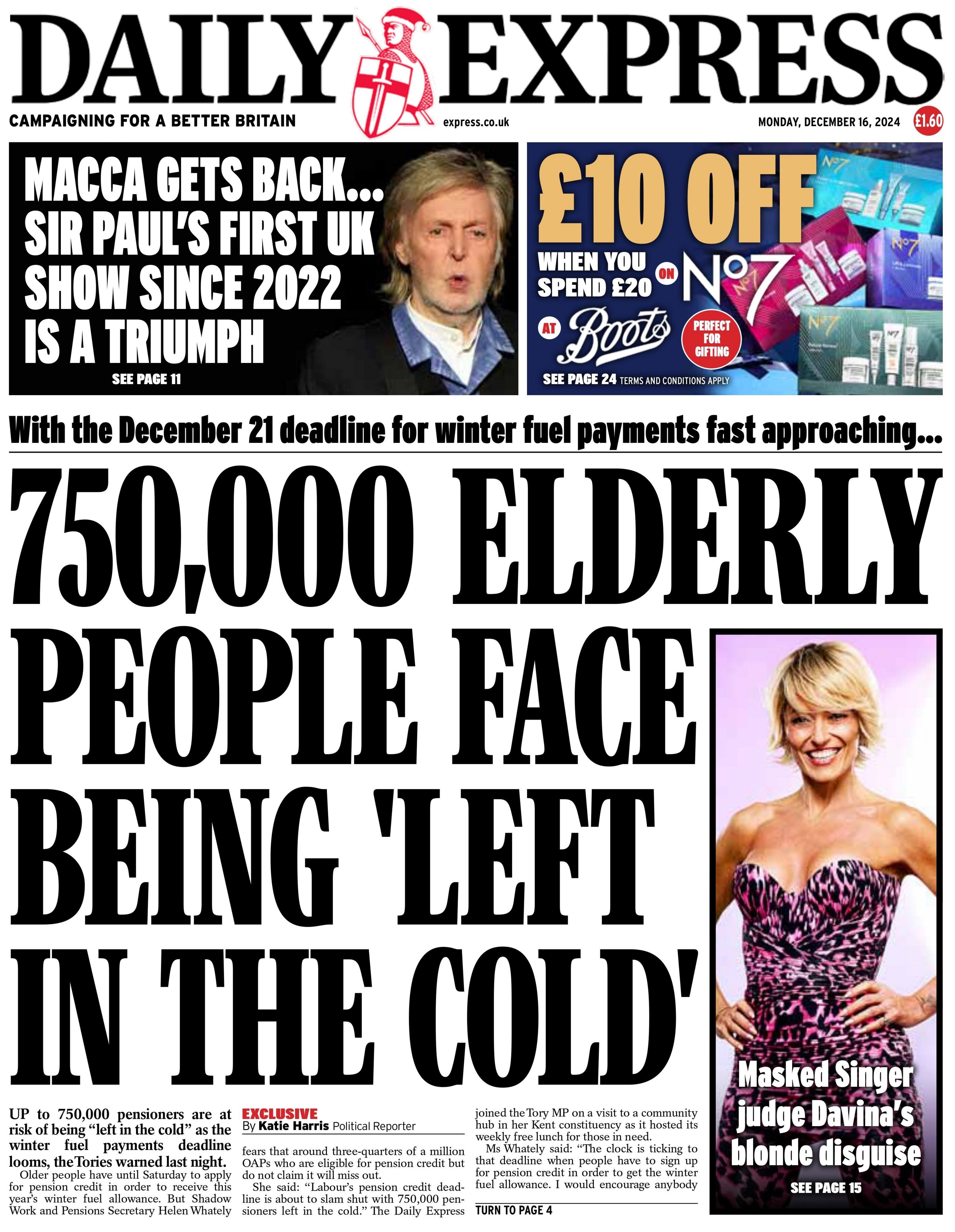 The front page of the Daily Express. The headline says "750,000 elderly people face being 'left in the cold'".