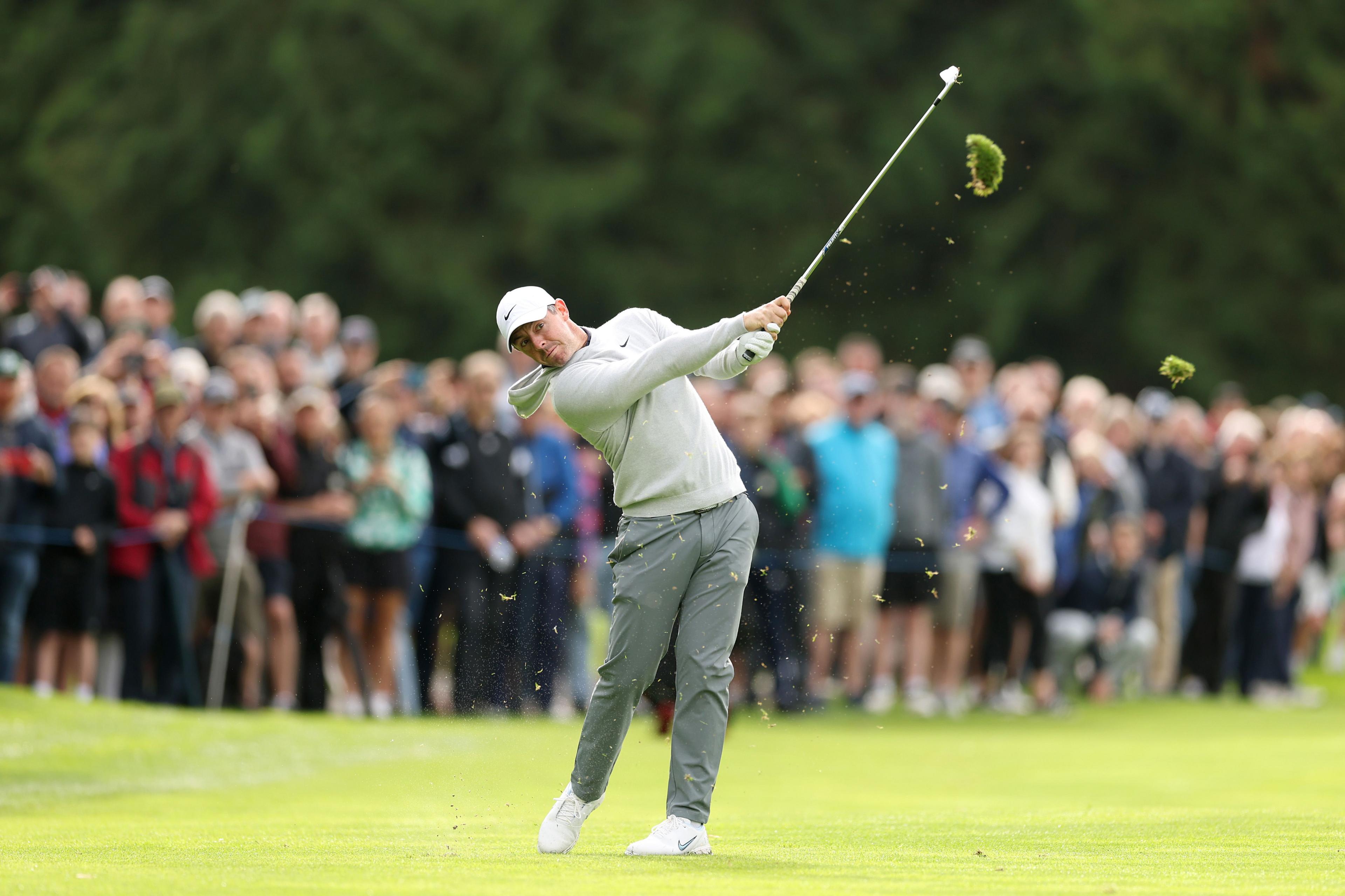 Northern Ireland's Rory McIlroy plays his second shot on the 17th hole on day one of the Amgen Irish Open 2025 at The K Club in Straffan, Ireland. Photo by Richard Heathcote