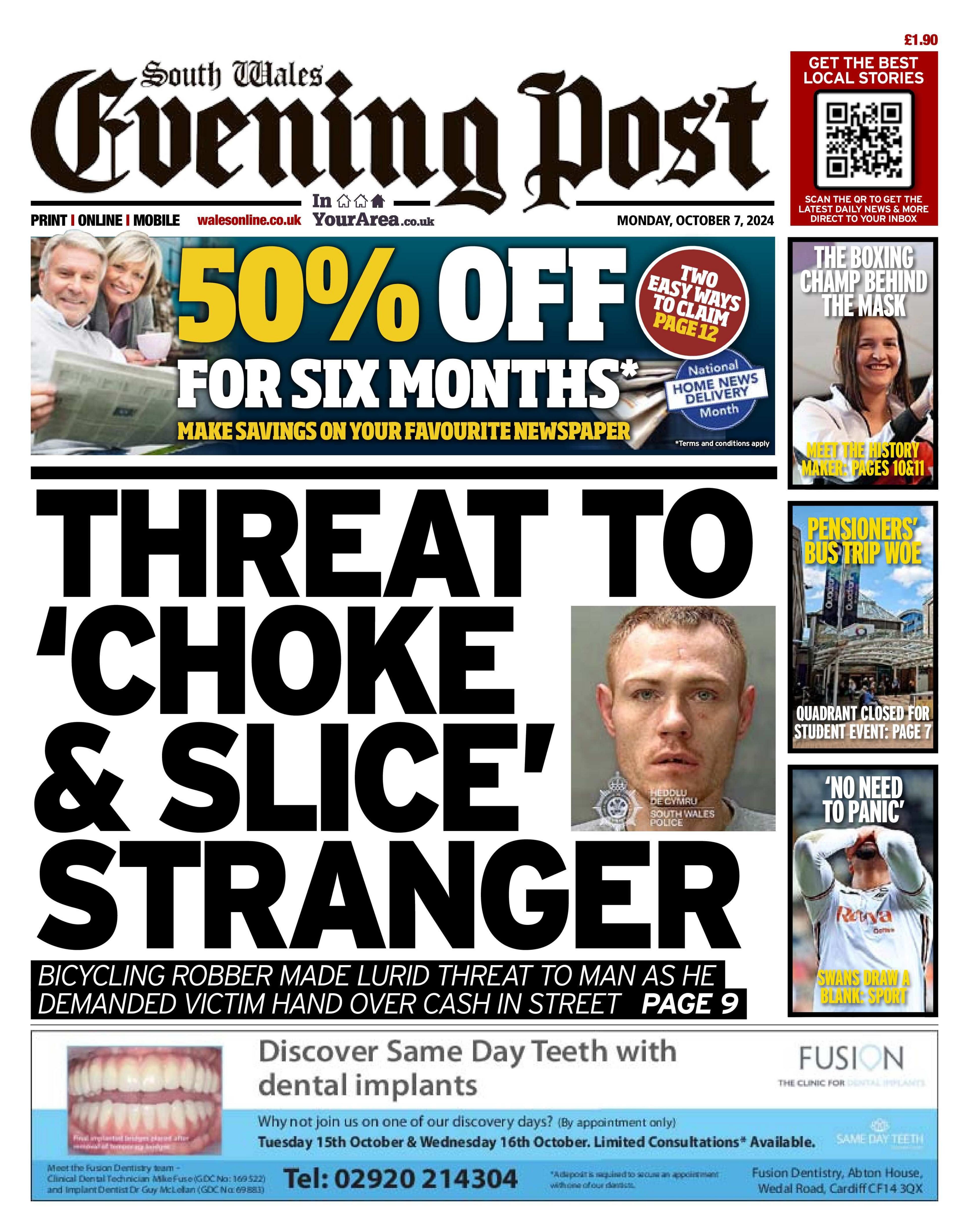 South Wales Evening Post front page 